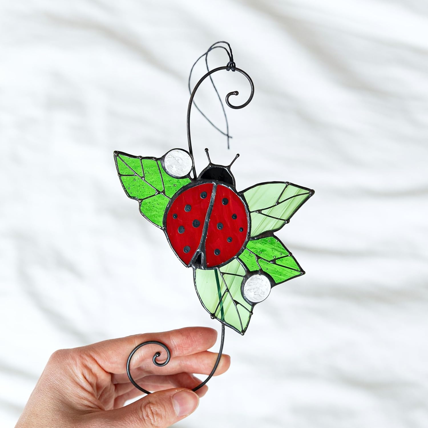 Ladybug On A Leaf Stain Glass Suncatcher. Cute Home Decor. Real Glass Art. Indoor Outdoor Decor. Wall Hanging Suncatcher. Mother's Day Gift Idea. Nature-inspired Gift