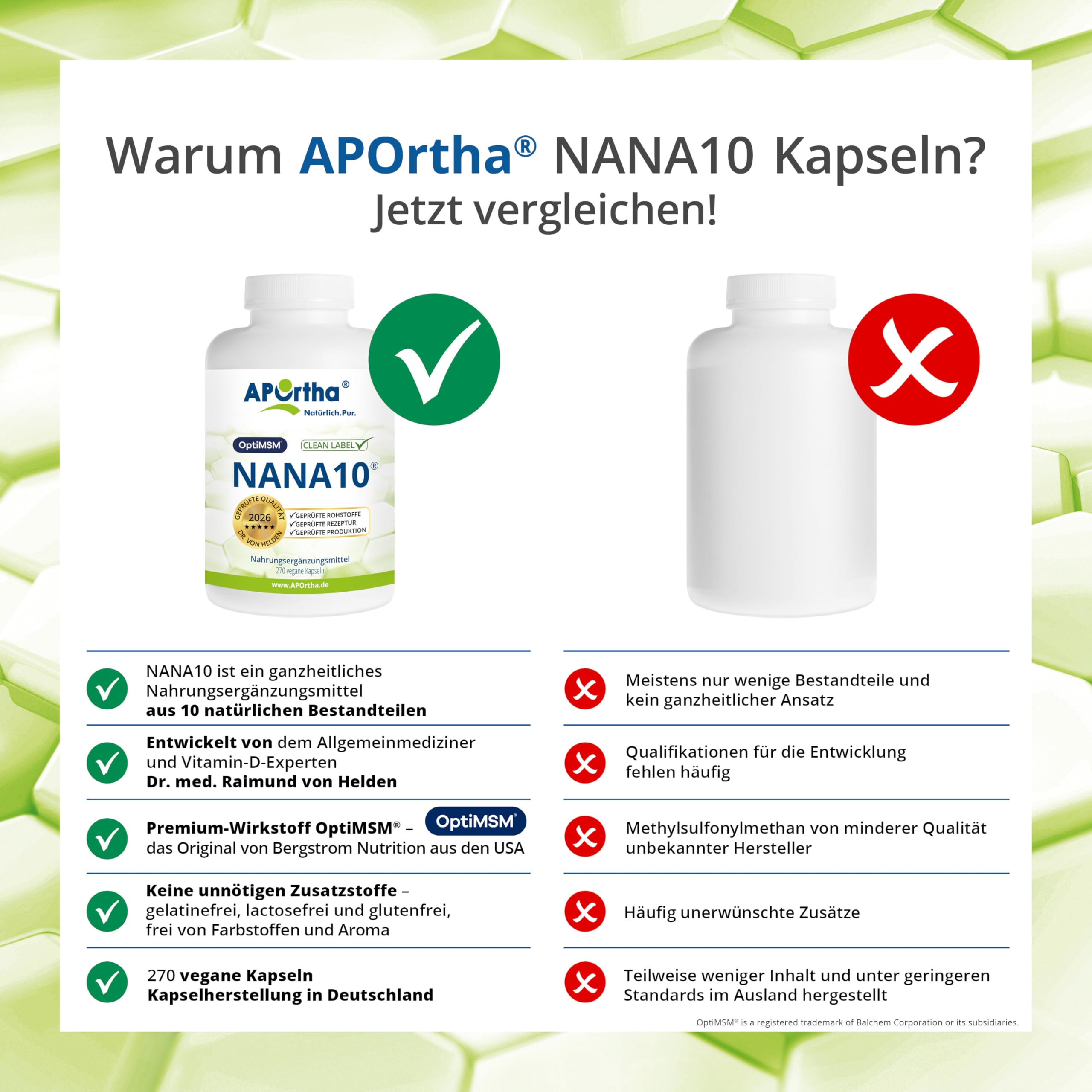 APOrtha® NaNa10 270 vegane Kapseln, Rezeptur von Dr. von Helden mit 10 Komponenten, mit Vitamin C und Magnesium sowie L-Glycin, 270 Kapseln für 30 Tage, glutenfrei, allergenfrei, laktosefrei