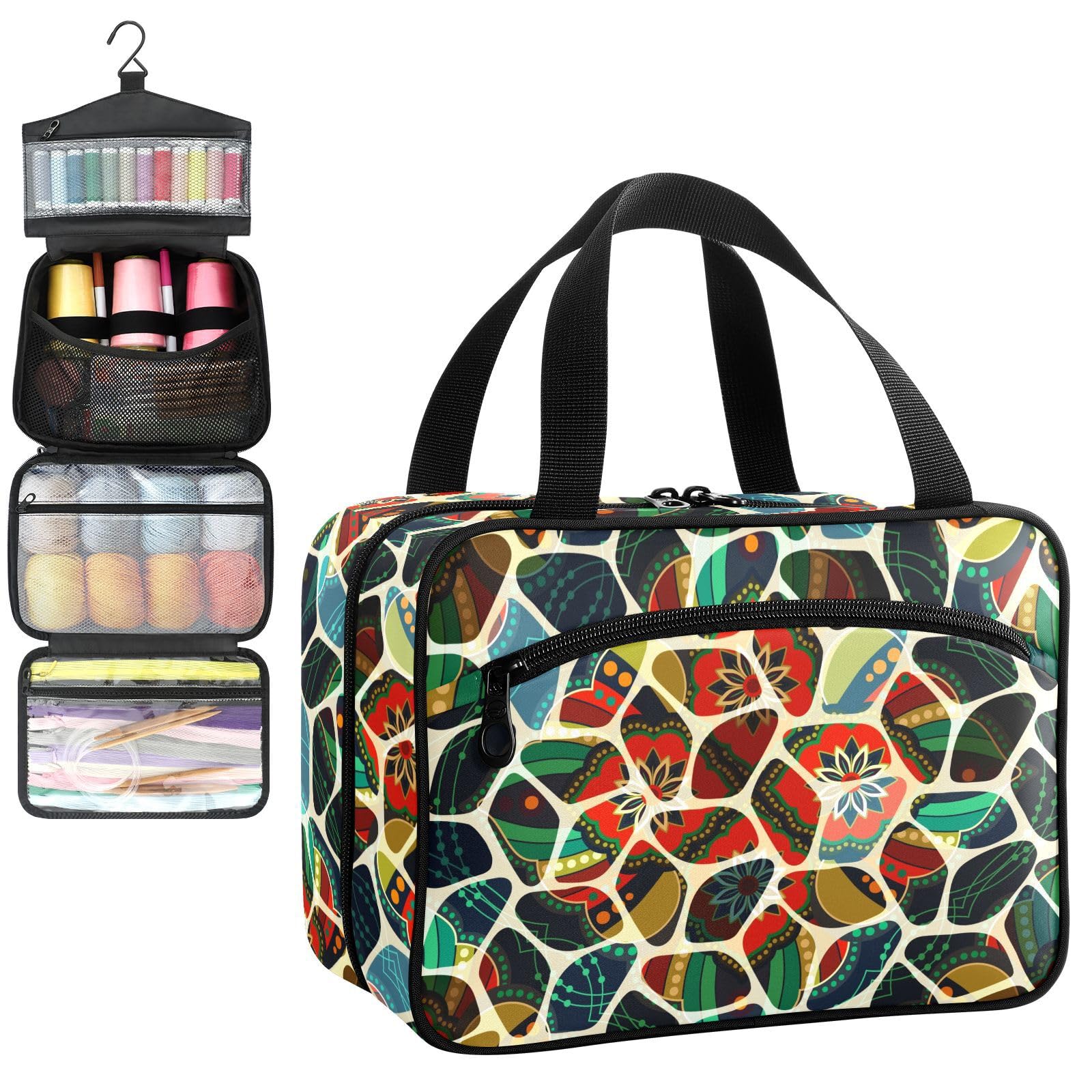 YNNALE Sewing Supply Organizer Bag, Ethnic Geometric Colorful Portable Sewing Bags with Pockets&Hanger, Sewing Storage Box Case for Sew Supplies/Kit/Tools/Accessories (BAG ONLY)