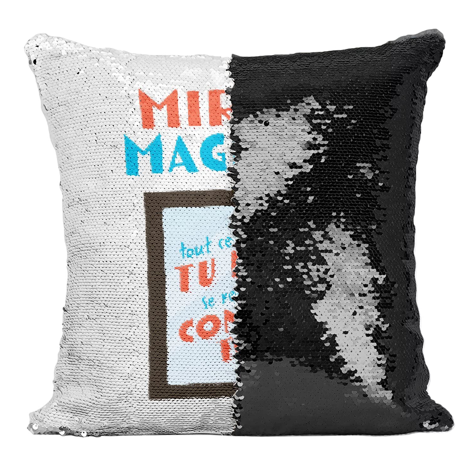 Coussin sequin noir housse paillettes magiques expression humour enfant dispute