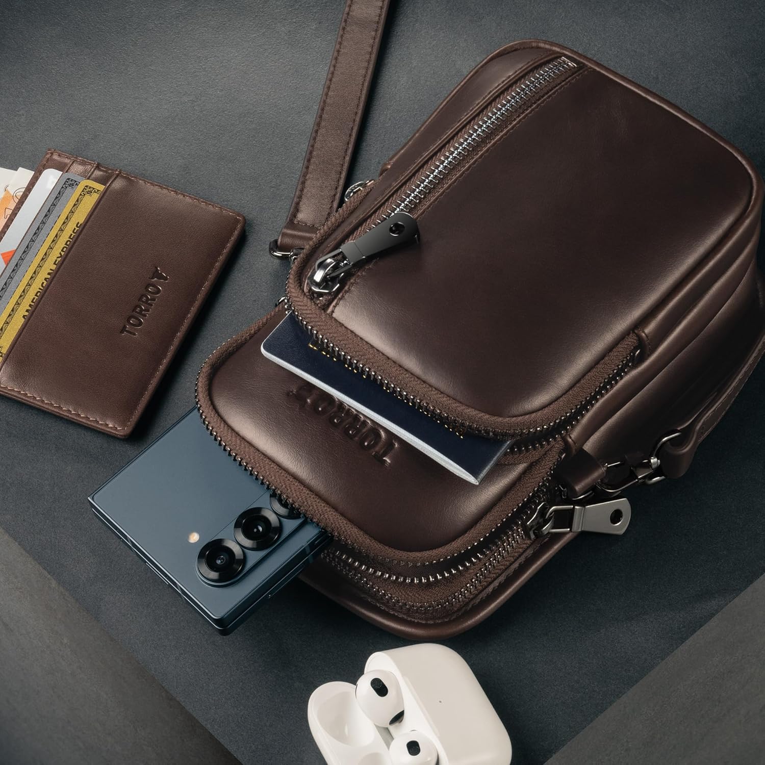 TORRO Leather Phone Case – Genuine leather shoulder bag with adjustable landyard strap and secure zipped compartments