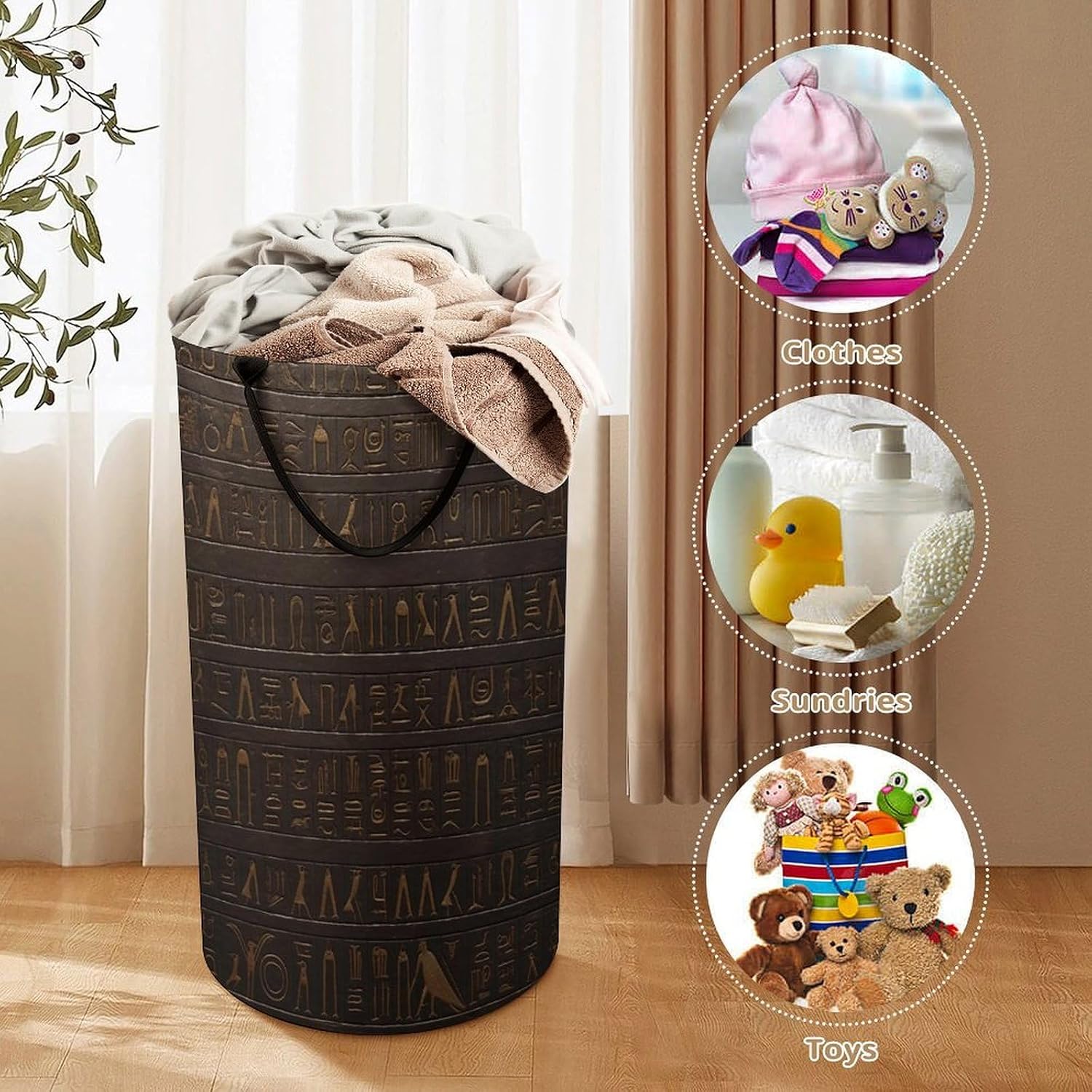 Ancient Egyptian Hieroglyph Laundry Basket 86L Laundry Hamper | Collapsible Clothes Hamper with Reinforced Handles Waterproof Tall Foldable Dirty Clothes Basket for Hotel, Home, Closet