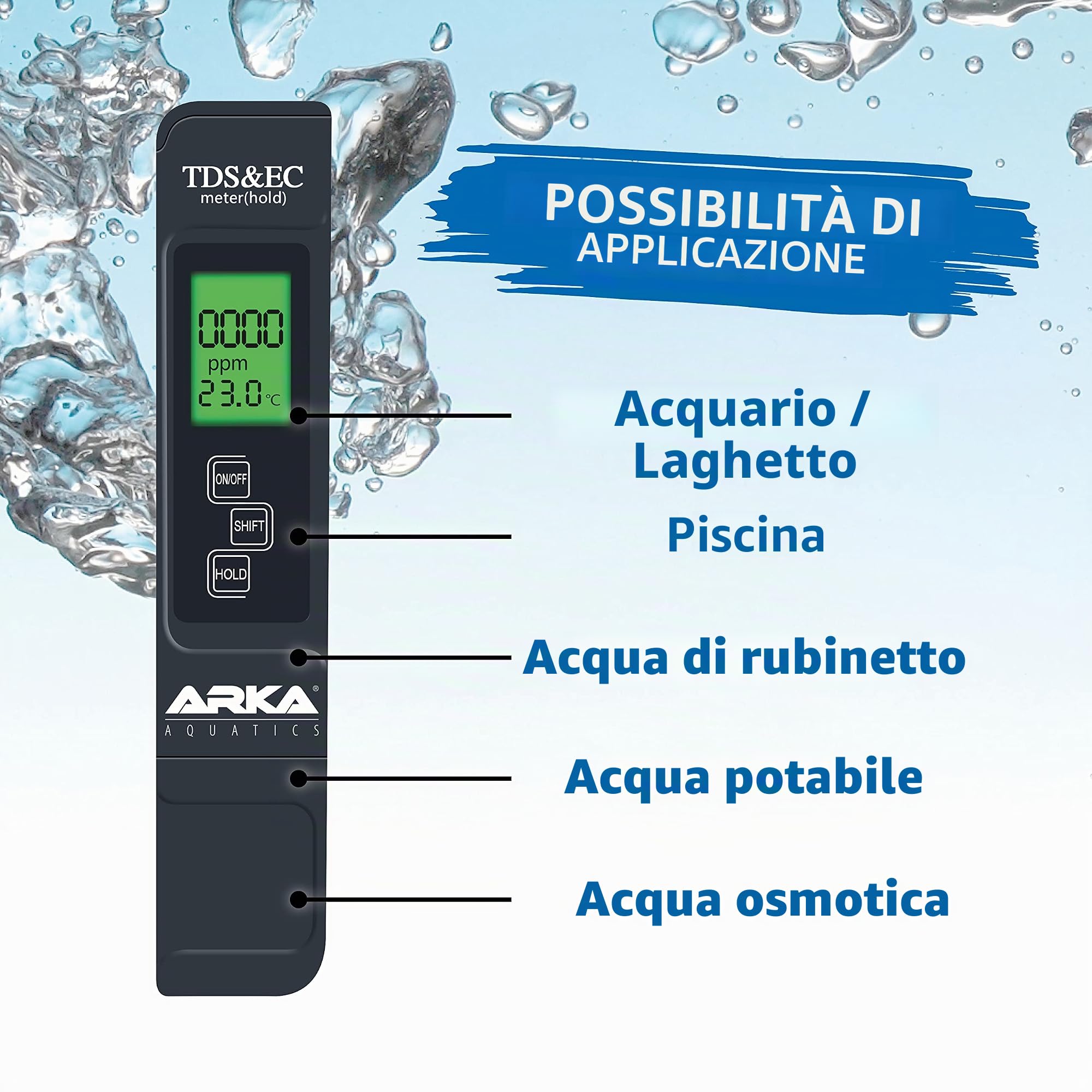ARKA myAQUA® PH/TDS/EC - Misuratore | Misura PH, TDS, EC e Temperatura dell'Acqua | con Soluzione di calibrazione e Polvere di calibrazione | Ideale per Acquario, Piscina, laghetto e Acqua Potabile