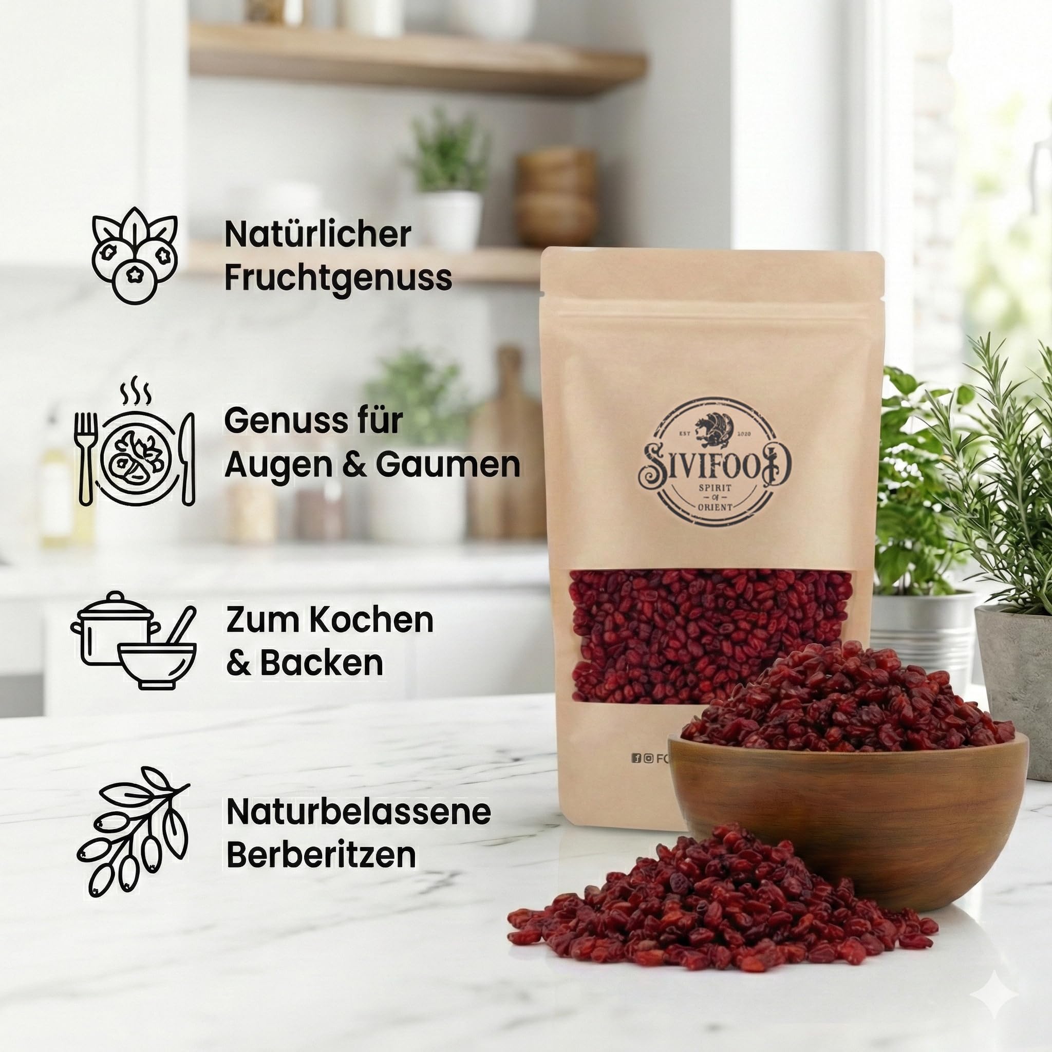 SIVIFOOD Épine-vinette 1kg - Baies de Berbéris séchées naturelles – Qualité premium – Sans sucre ajouté – Super-aliment idéal pour muesli, boulangerie, cuisine orientale, vegan 1000g