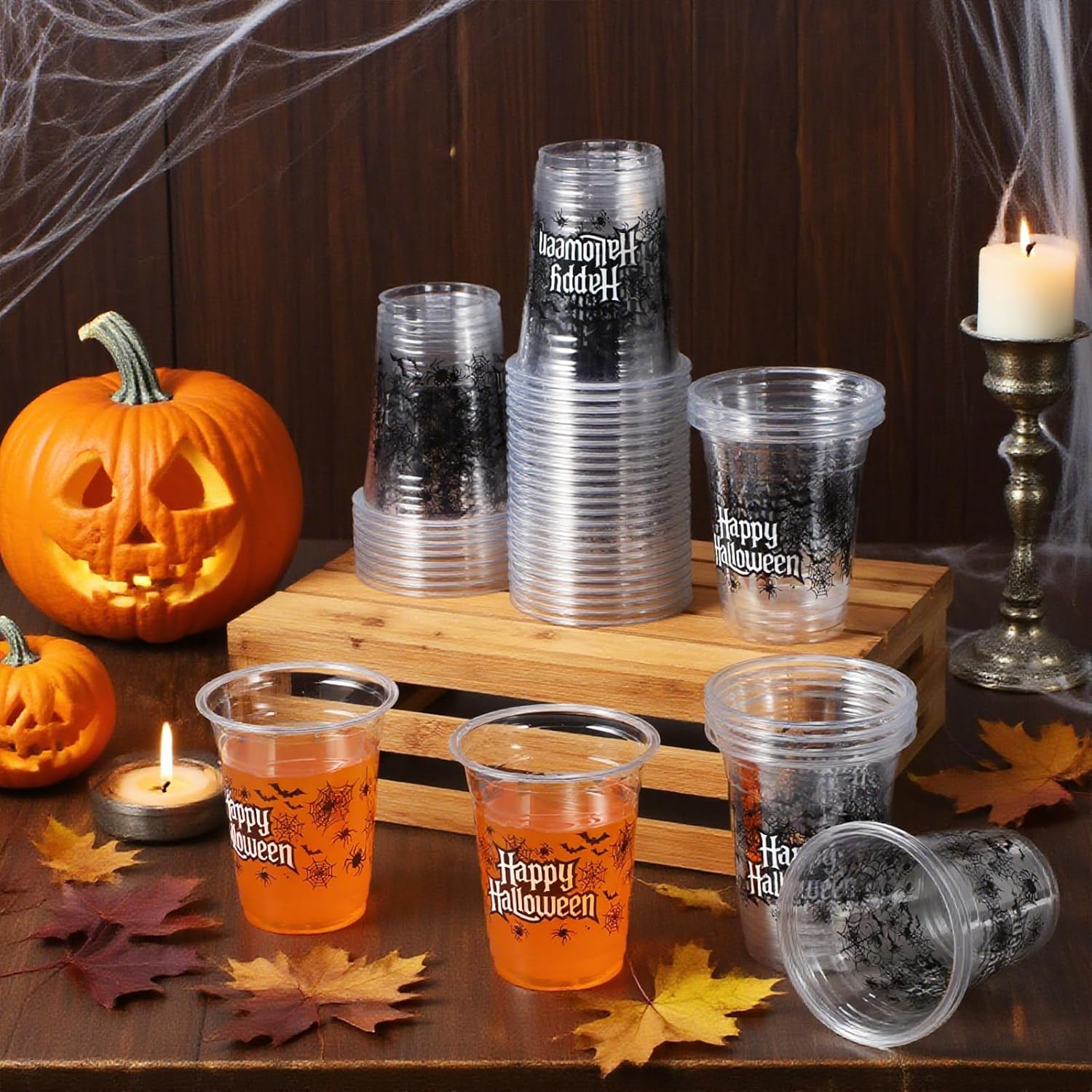 Honeydak 50 Pcs Halloween Cups 12 oz Spider Plastic Cups Clear Happy Halloween Disposable Glasses Scary Theme Drinking Glasses for Kitchen Scary Party Favors Supplies Decoration(Black, Spider) - Image 4