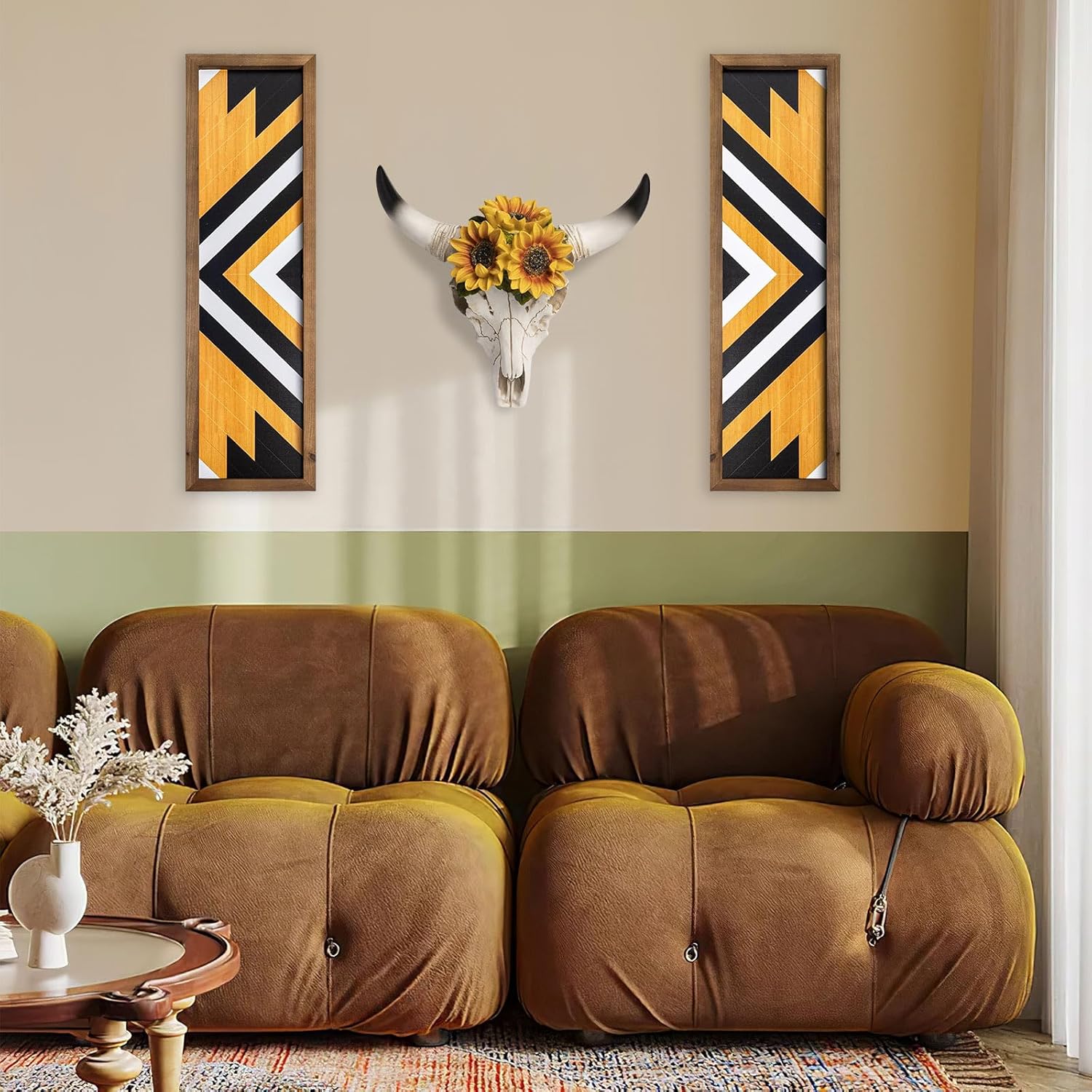 flangairy Cow Skull Wall Decor 7.9 x 7.9 Inches, Resin Bull Head Buffalo Animal Skull Sunflower Wall Art, Bedroom Bathroom Living Room Home Decorations