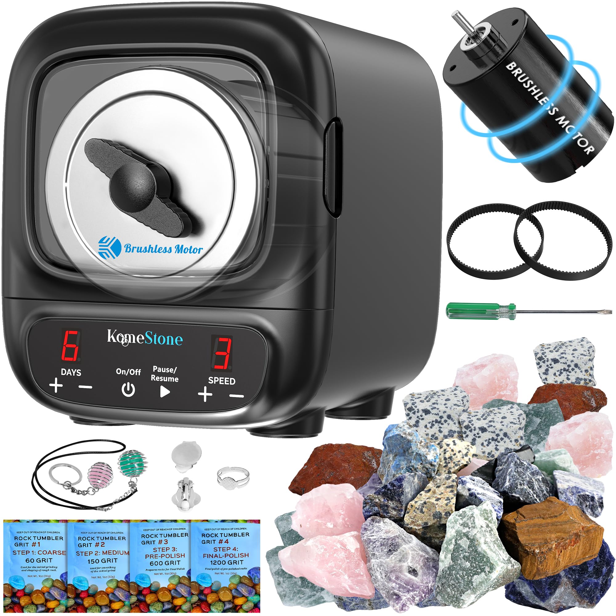 KomeStone K2 Elite Professional Rock Tumbler Kit, Ultra Quiet & Cutting Edge Brushless Motor Rock Polisher for Adults & Rock Collector, Noise-Reduction, Extra Large 3 Lbs Barrel, STEM Gift for All AgeKomeStone K2 Elite Professional Rock Tumble…