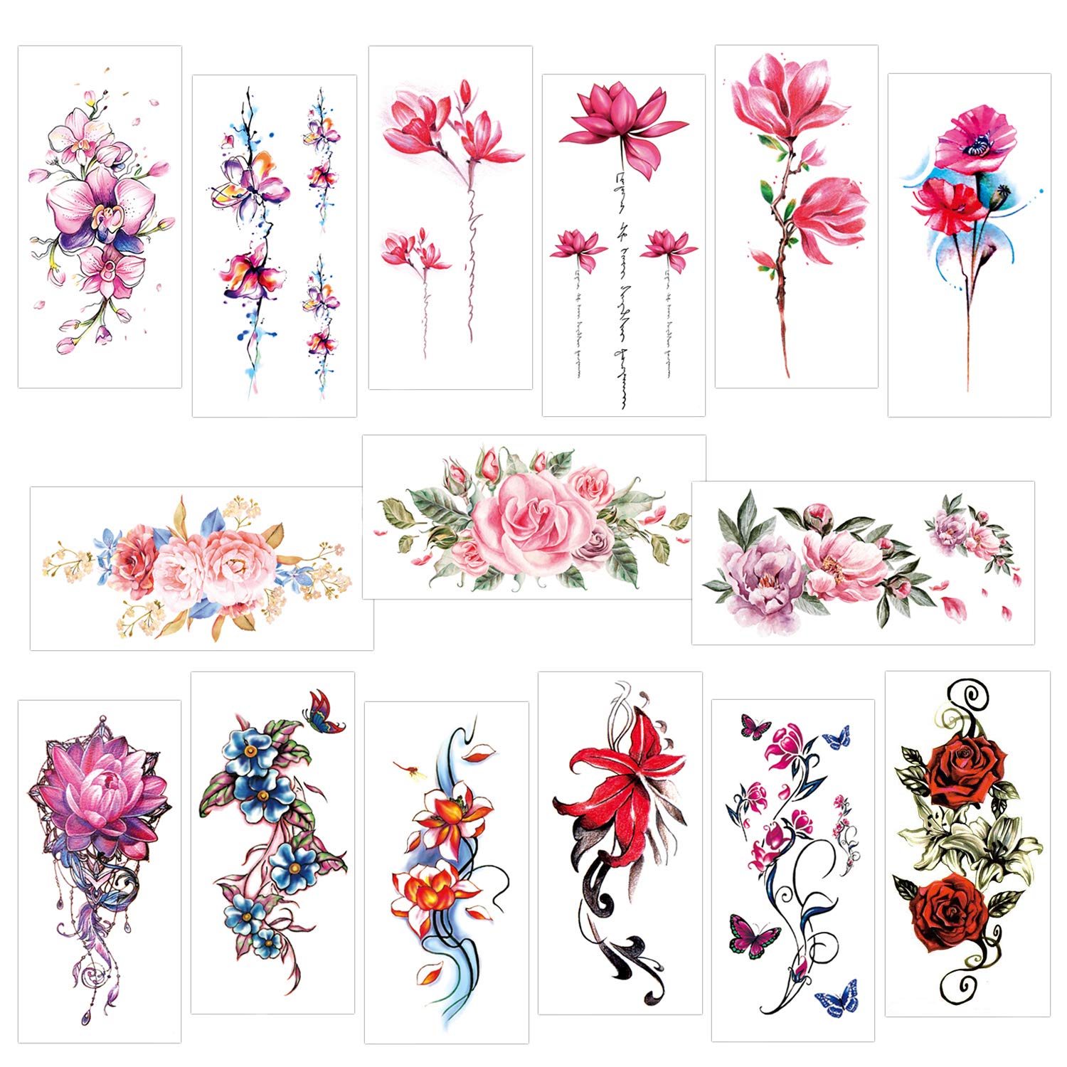 Konsait 15 Sheets Large Temporary Tattoos Flower Sexy Body Tattoo Body Sticker Makeup Accessories Paper for Women Girls Fake Tattoo Arms Legs Shoulder Back(Lily, Peach, Plum, Peony)