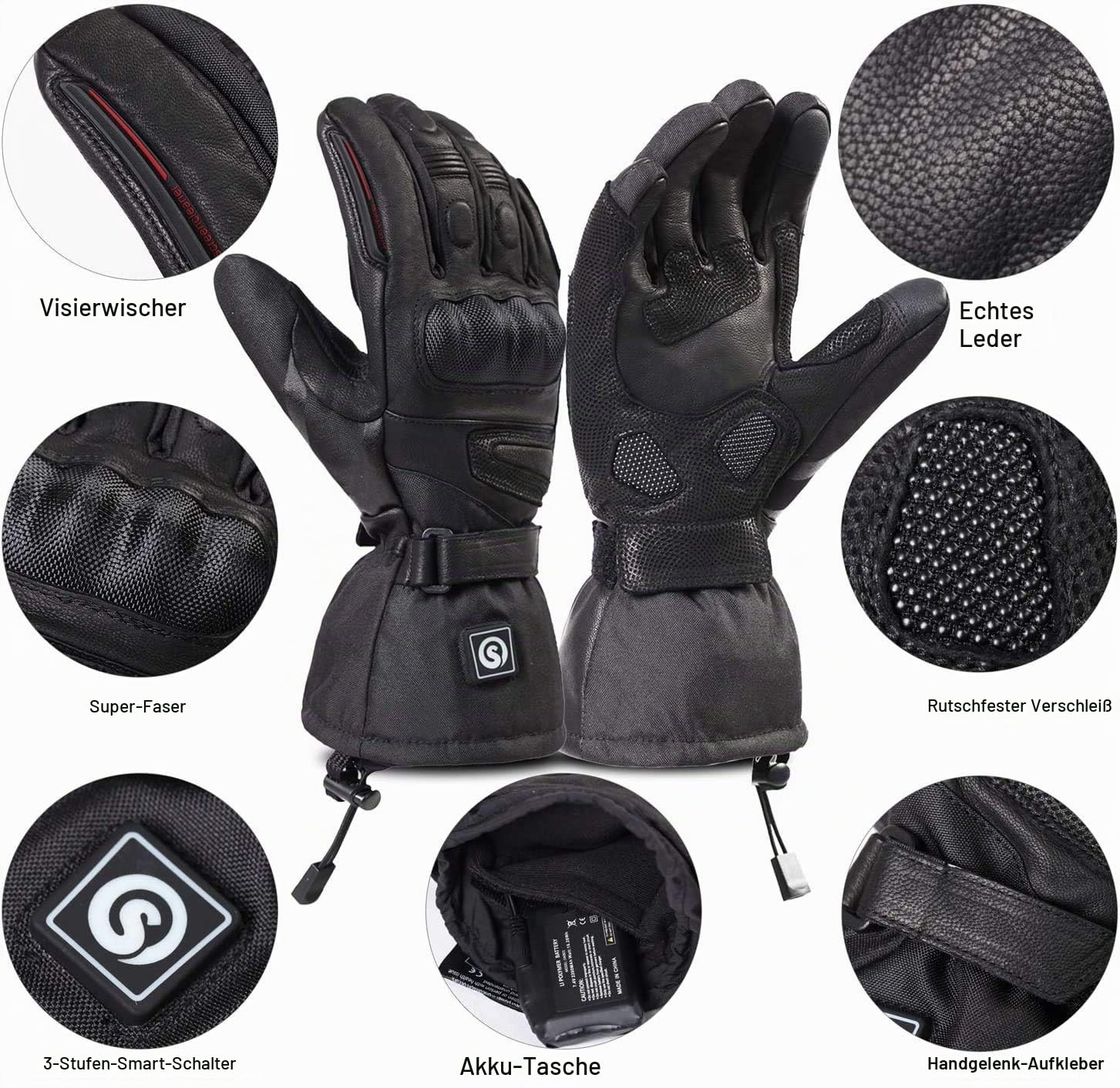 day wolf Beheizbare Motorradhandschuhe, wasserdichte und Warme Handschuhe mit CE-Zertifizierung Wiederaufladbarem Lithium Ionen Akku 7.4V 2200MAH