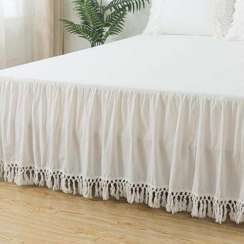 Miniatura 9 de Softta Falda de cama de 3 piezas, tamaño Queen, con borlas y volantes, estilo bohemio, 100% algodón lavado, color blanco sólido