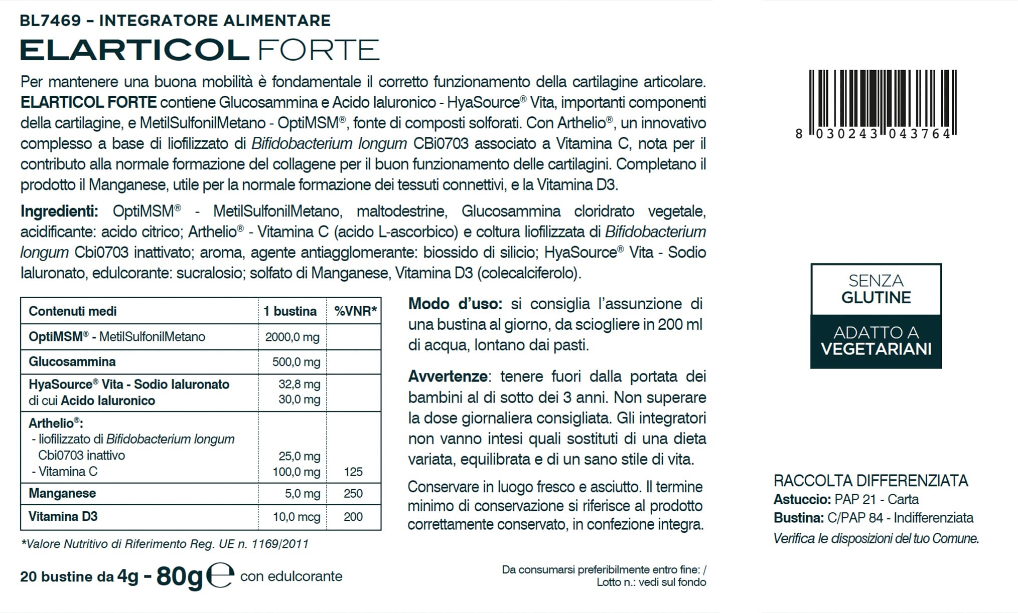 BIOS LINE Principium Elarticol Forte, Integratore Alimentare con Glucosammina, Metilsulfonilmetano e Acido Ialuronico, Benessere delle Articolazioni, 20 bustine | Con Glucosammina, Metilsulfonilmetano, Acido Ialuronico, Benessere delle Articolazioni
