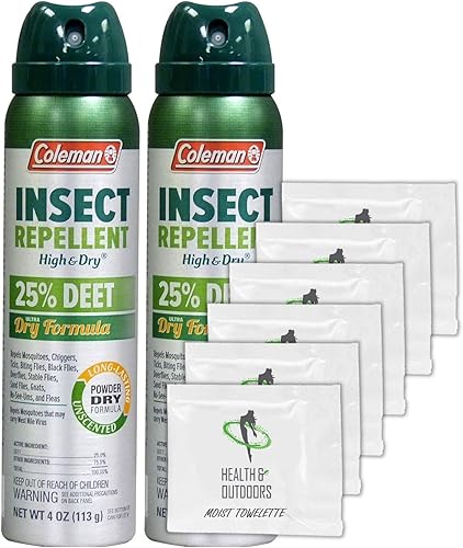 Coleman - Repelente de insectos 25% High & Dry Deet, 4 onzas, aerosol, paquete de 2, con (6) toallitas de mano Healthandoutdoor