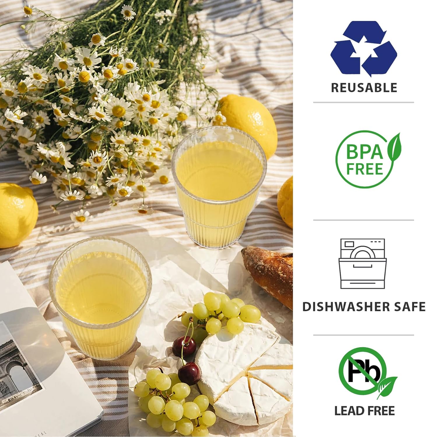 17oz Shatterproof Ribbed Glasses, Plastic Tumblers for Poolside – Clear Acrylic Cups, Stackable & Reusable, Dishwasher Safe Drinkware – Set of 8 - Image 2