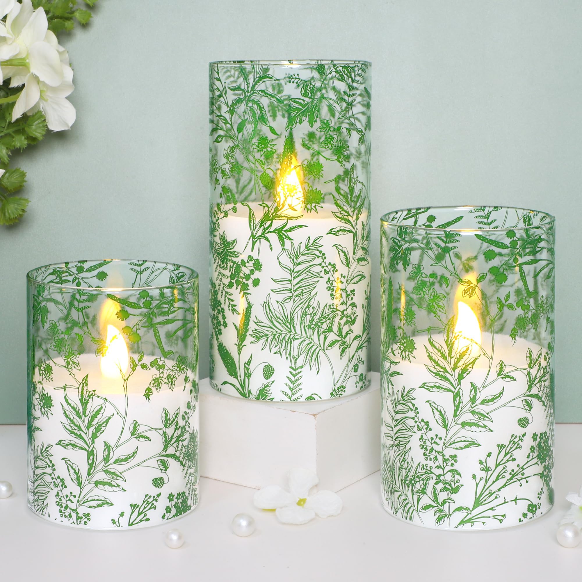 Green Plants Flameless Candles with Remote Timer, Plant Theme LED Glass Candles, Battery Operated Candles for Home Party Wedding Christmas Botanical Summer Decor, Set of 3