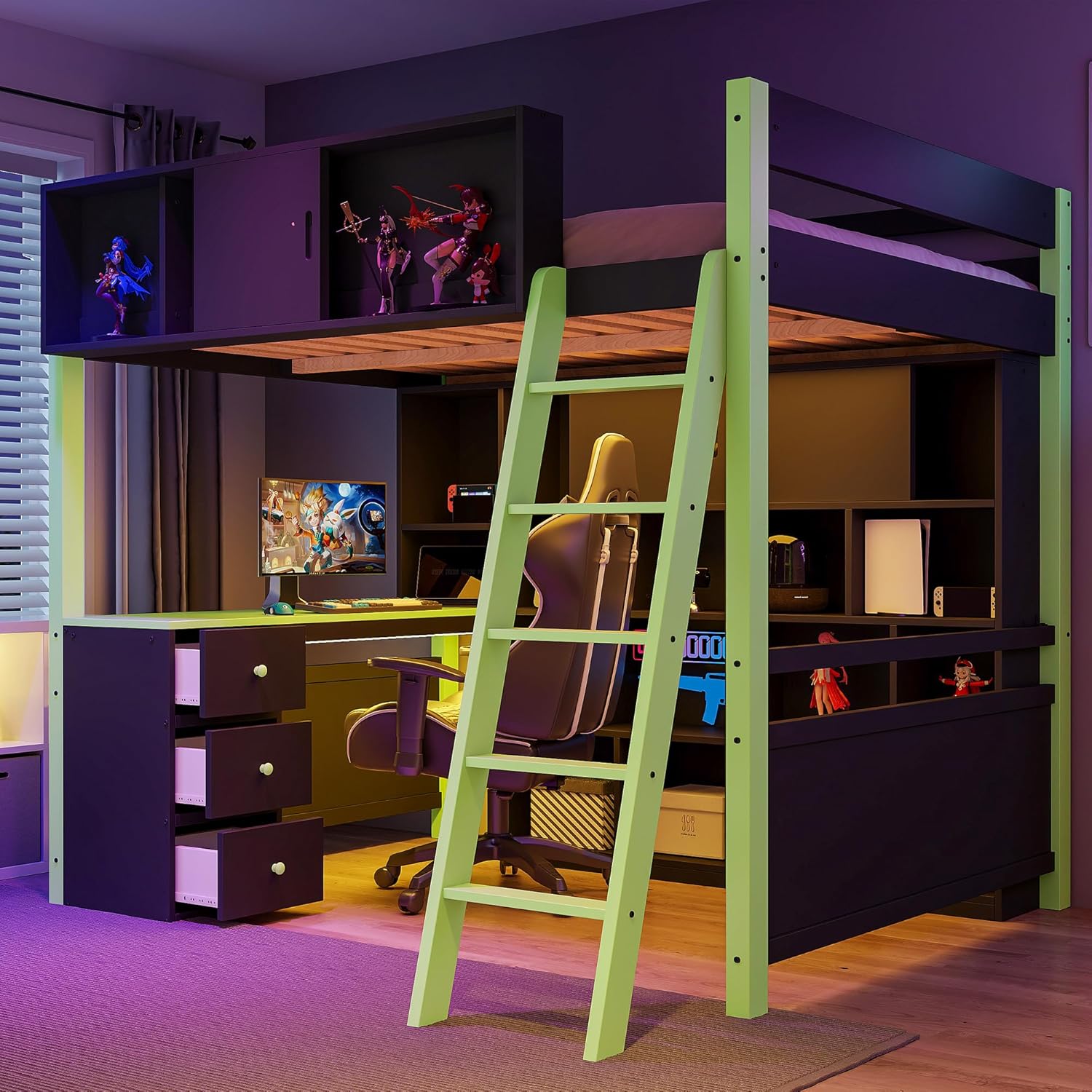 LZ LEISURE ZONE Full Size Loft Bed with Desk, Wood Bed with Ample Storage Space and Light, Green