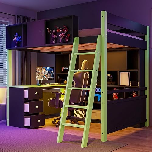 Miniatura 159 de Cama tipo loft de tamaño individual con 3 estantes, 2 armarios y 2 cajones, cama alta funcional con escalera de almacenamiento, marco de cama loft