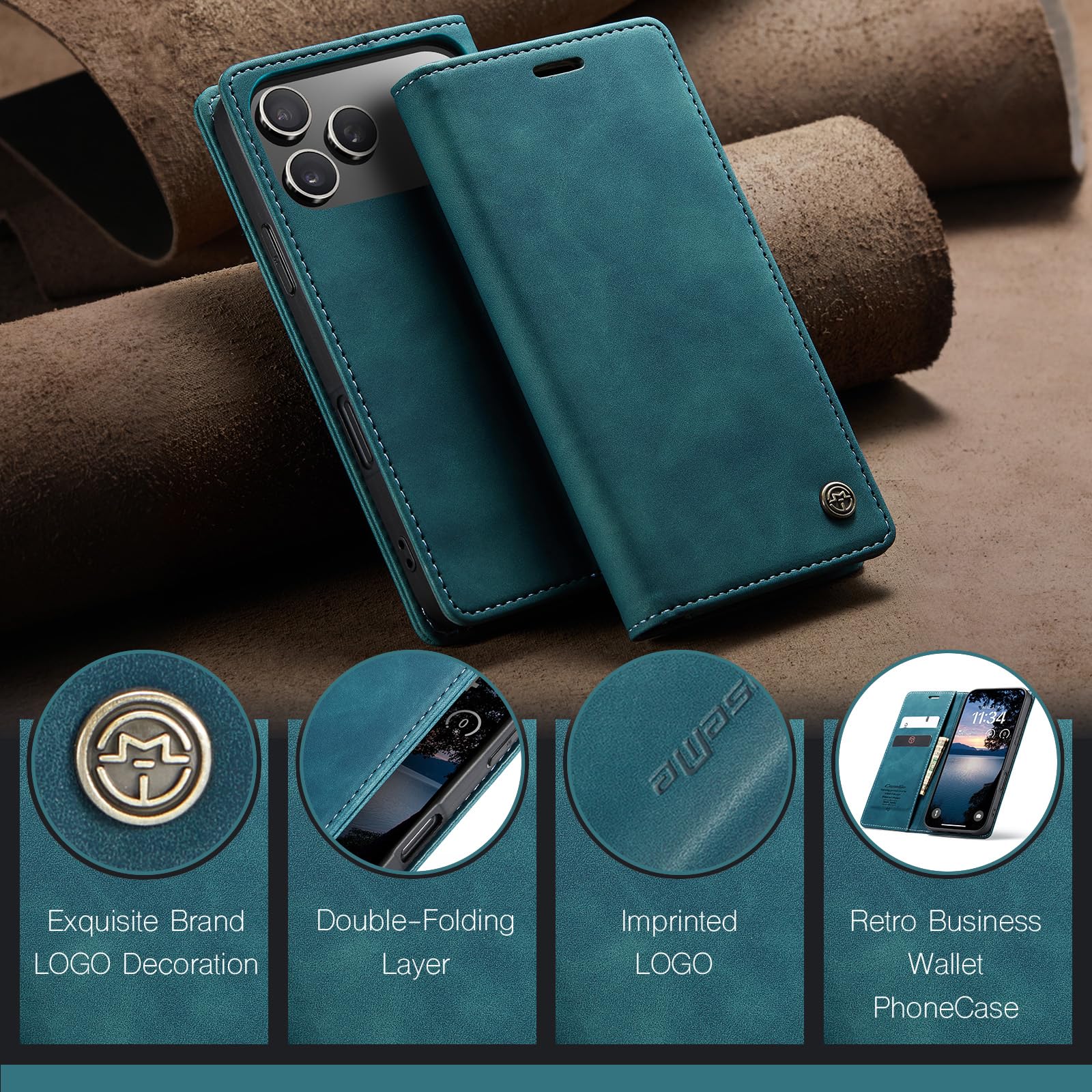 Etui do iPhone 17 Pro z podpórka, skórzane etui z klapką i portfelem z uchwytem na karty, magnetyczne zamknięcie, odporne na wstrząsy, ochronne etui na telefon iPhone 17 Pro, Zielony