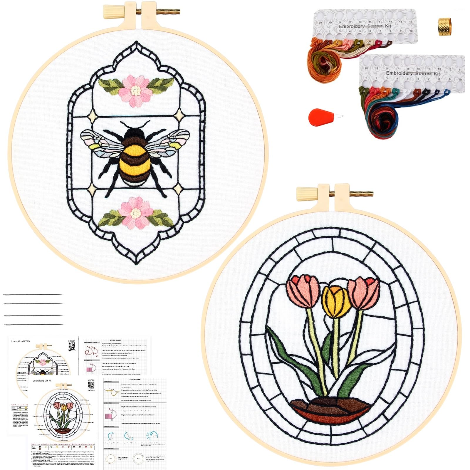 Armindou Flowers Bee Embroidery Kits for Beginners Adults, Floral Hand Embroidery Set Needlepoint DIY Kits, Stamped Cross Stitch Kits for Beginners Adults, 2 Embroidery Hoops (Attached Video Tutorial)