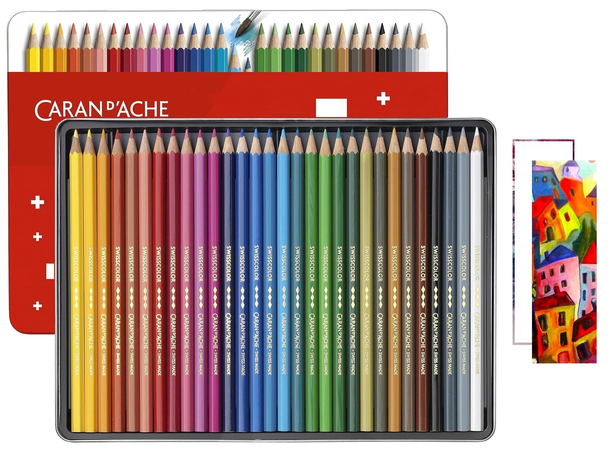 Caran D'ache Swisscolor - Matite acquerellabili in scatola di metallo, confezione da 30 pezzi e 2 carte
