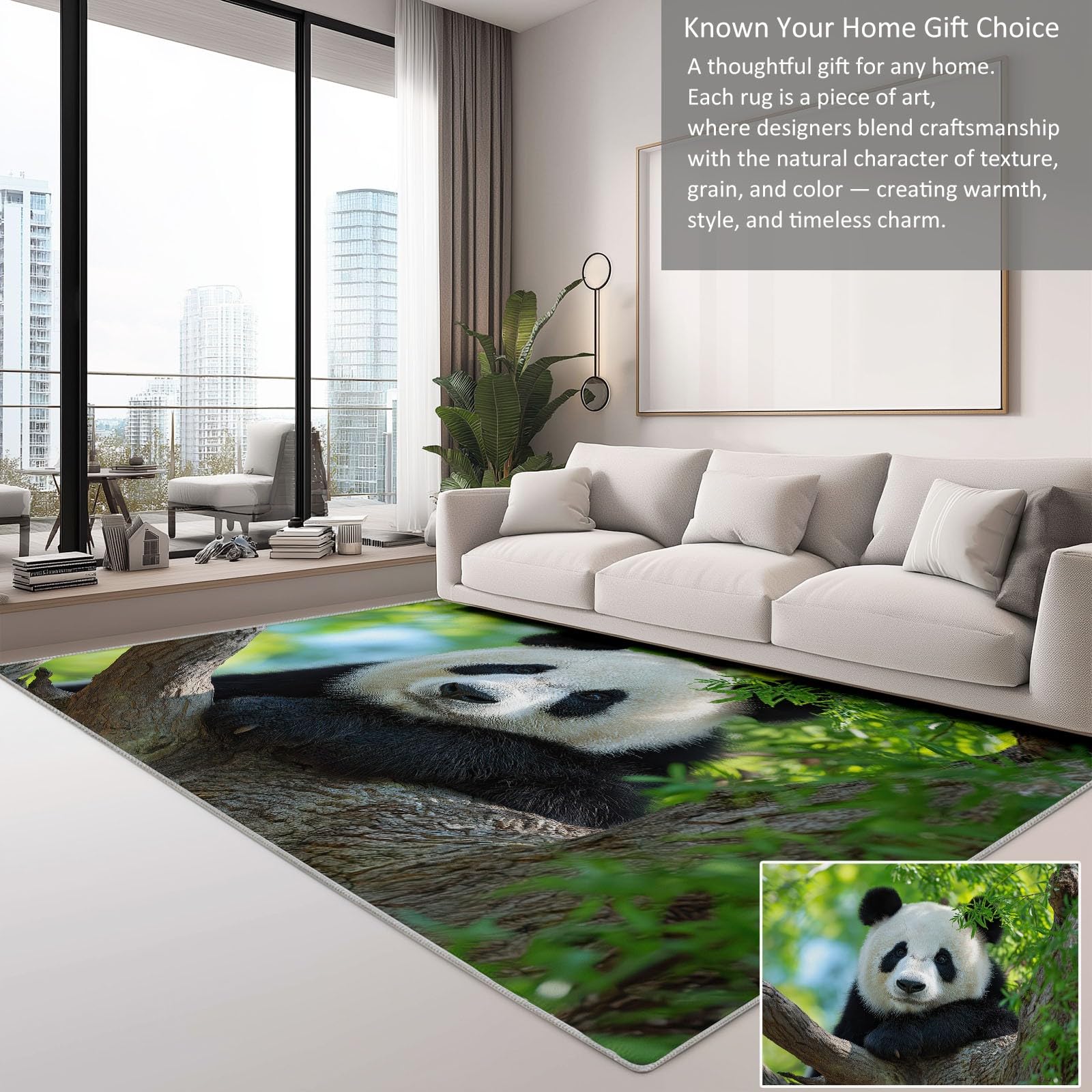 Generisch Panda miś portret, liście, las, łatwy w pielęgnacji, dywan z krótkim włosiem, zielony, 140 x 200 cm, nadaje się do prania w salonie i sypialni, antypoślizgowy spód, przyjazny dla zwierząt