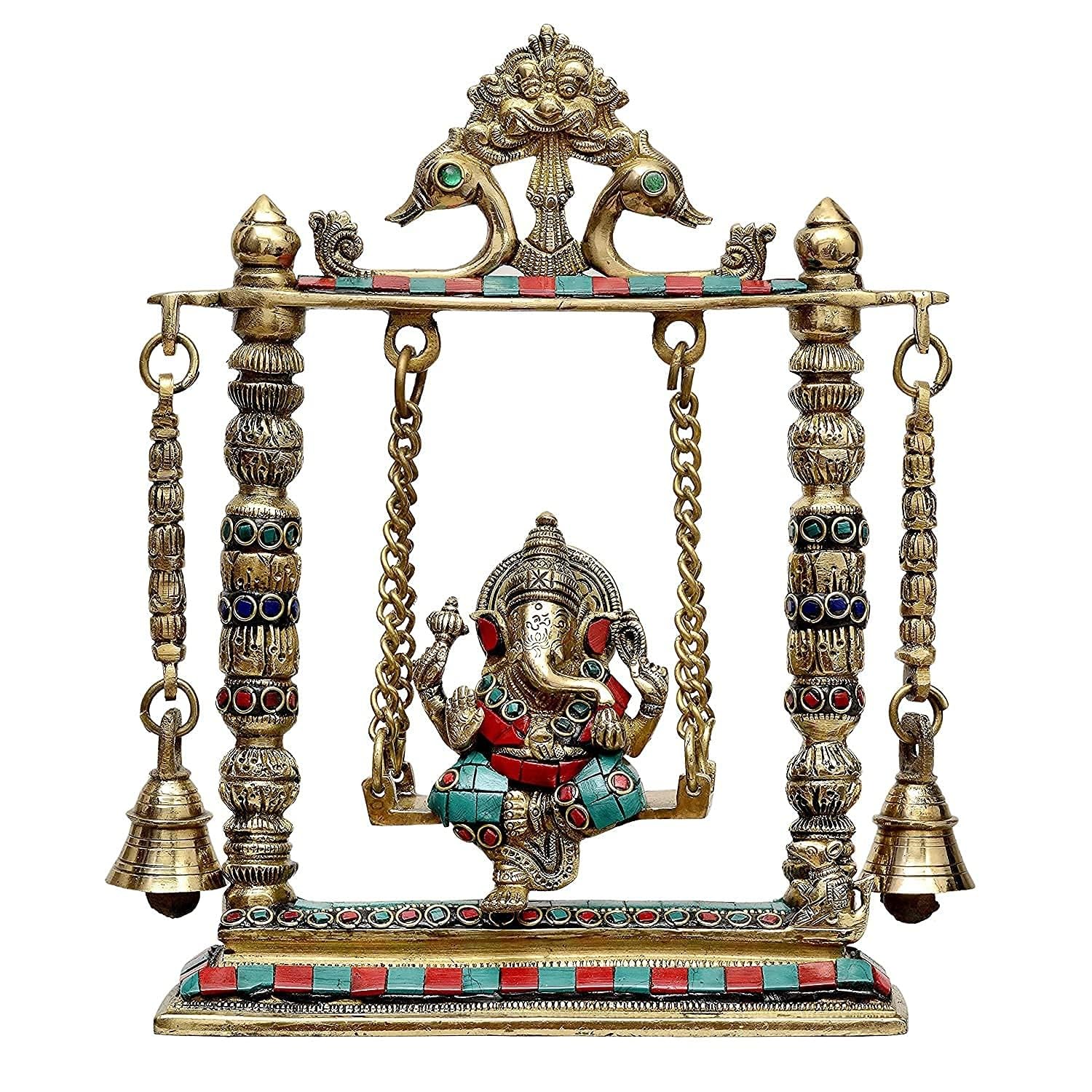 Liv Brass Ganesha Statues for Home Decor Ganesha Jhula Easter Decor Lord Ganesha Idol Brass Ganesha Jhula10 Inch Large Statues and Sculptures Accents Art Deco Thanksgiving DD188