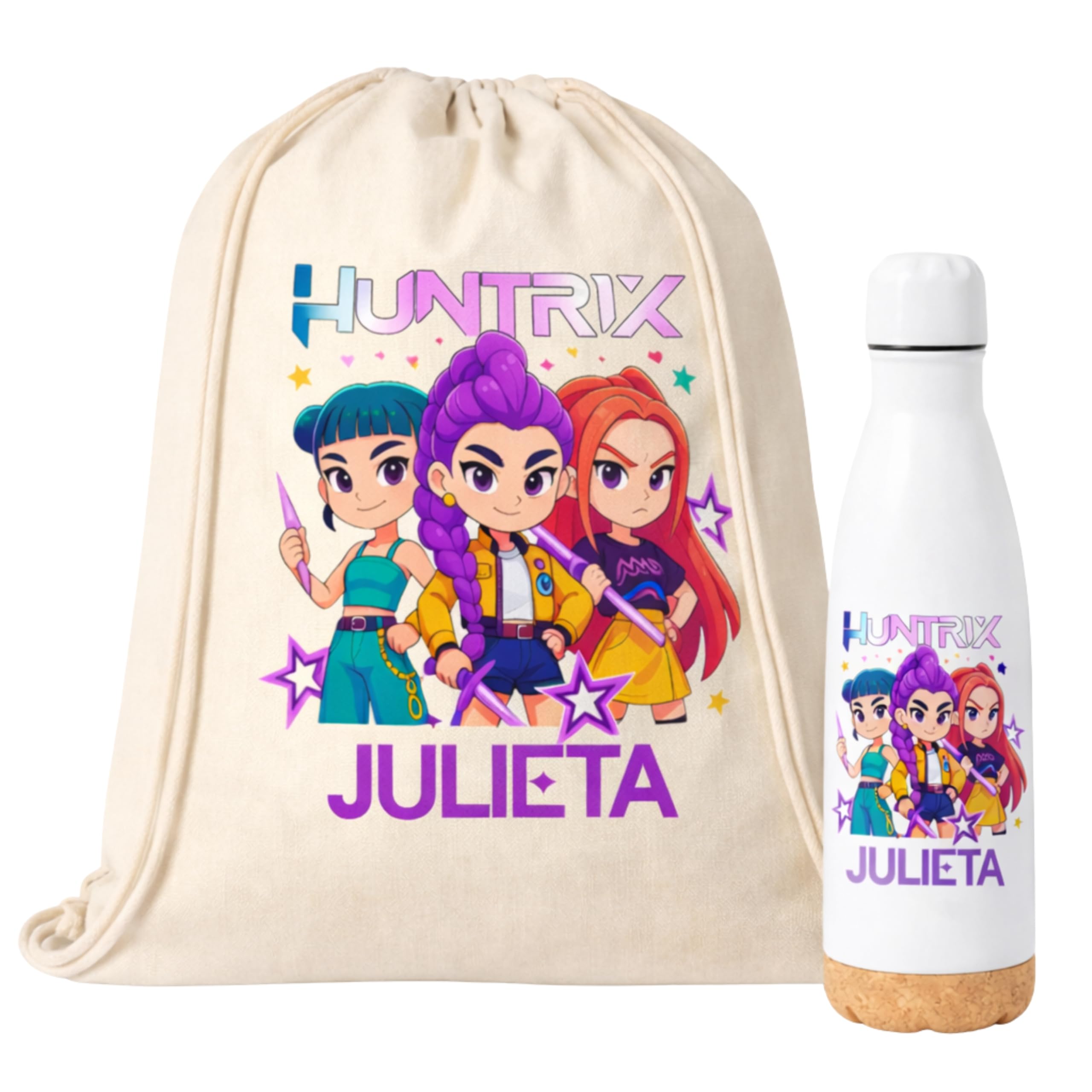 Pack Mochila de Cuerdas y Botella Personalizadas KPOP con Nombre Bolsa tela 34x42 cm Botella Acero Inox 750 ml