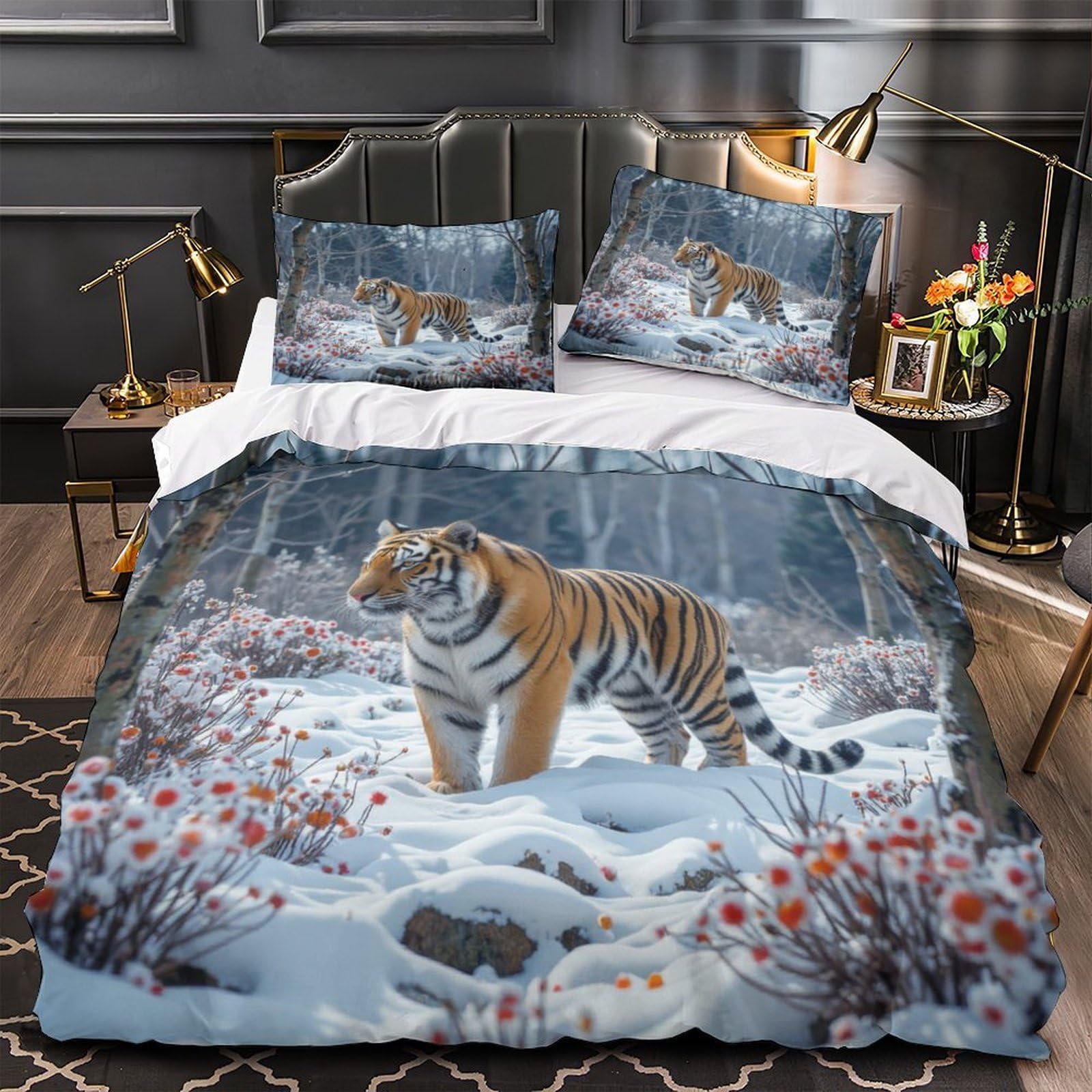 MMDASBVPE Tiger in Snow Comforter Cover 3D Design Printed Extra Soft 3 Piece Bedding Set Zipper Duvet Cover Hotel Quality Breathable for Kids Teens Adults Women Youth Teenagers King（220x240cm）