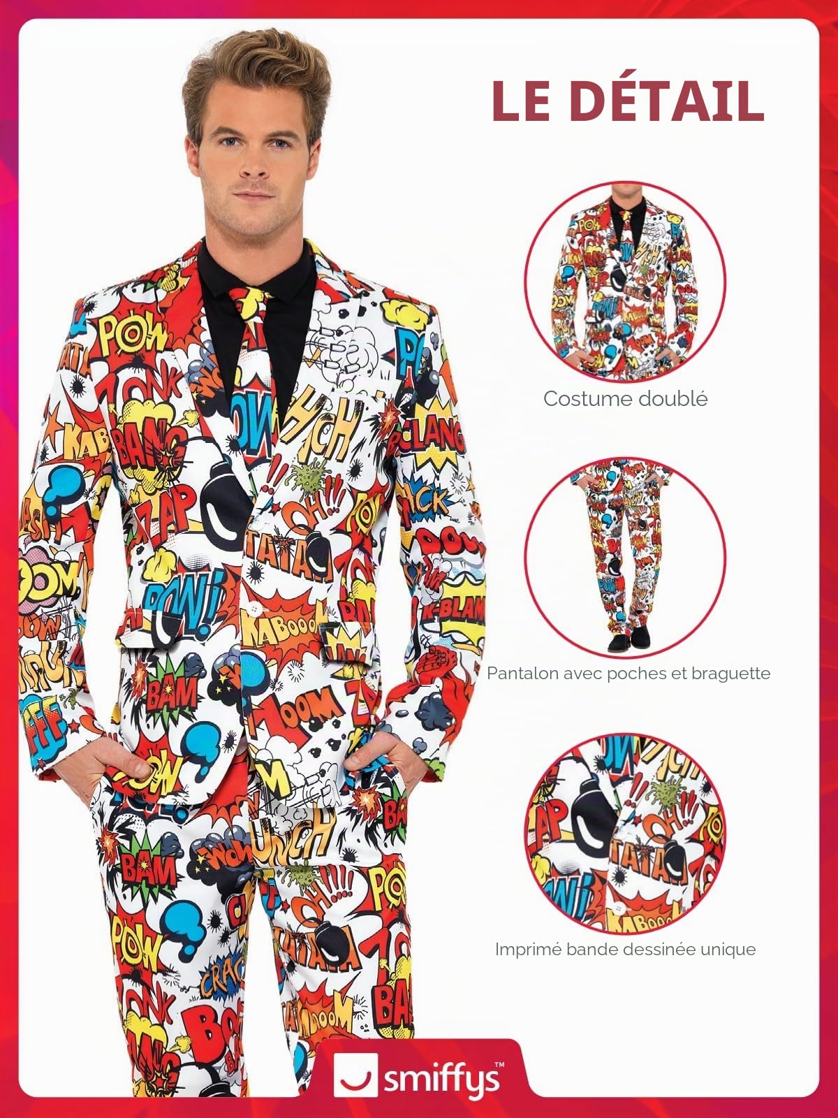 Smiffys Costume Bande Dessinée, avec Veste, Pantalon et Cravate,Rouge/Blanc,M