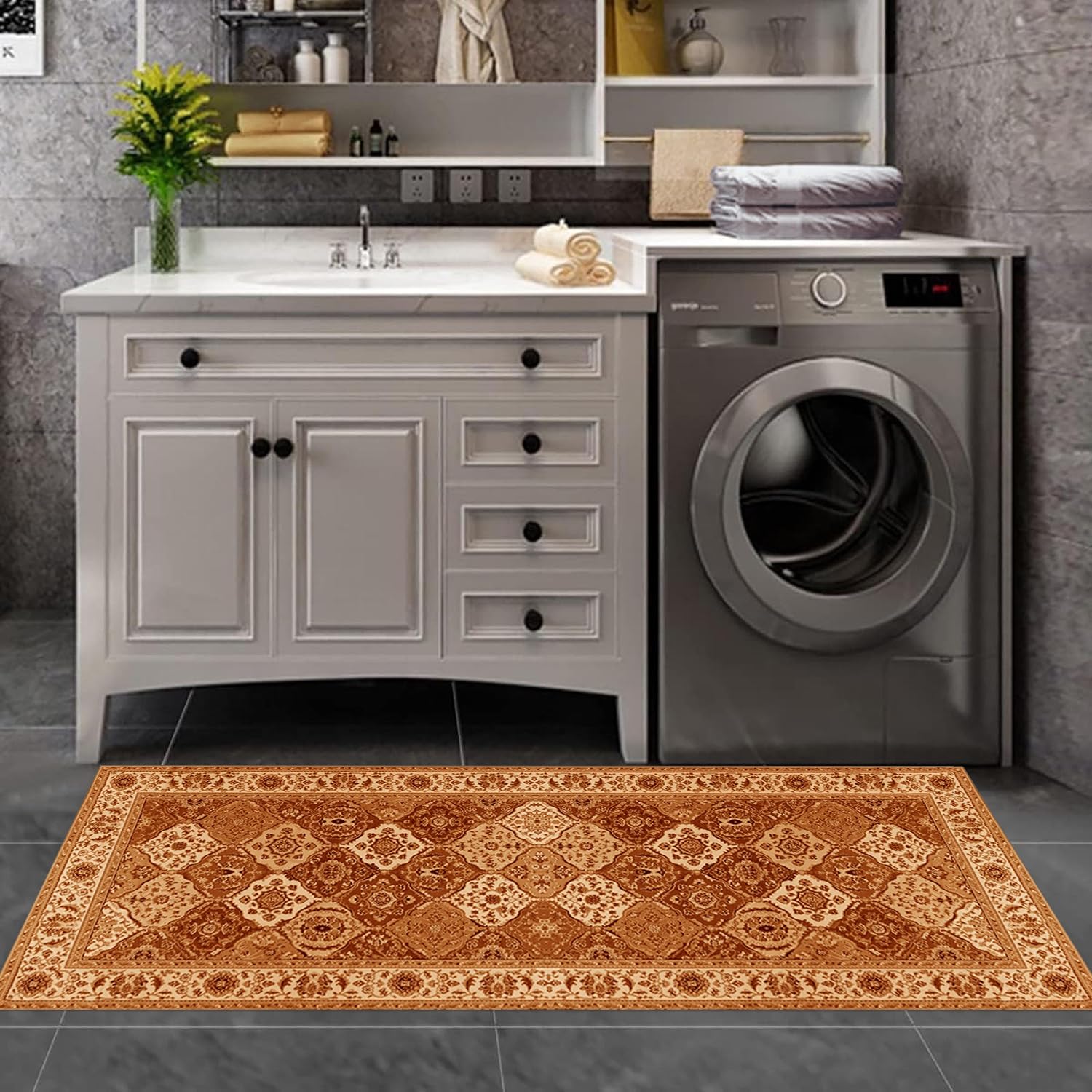 Tapis de couloir, cuisine, long, orange, antidérapant, lavable, design moderne, 40 x 300 cm, tapis de cuisine, vendu au mètre, pour salle à manger, chambre à coucher, salon, anti-salissures