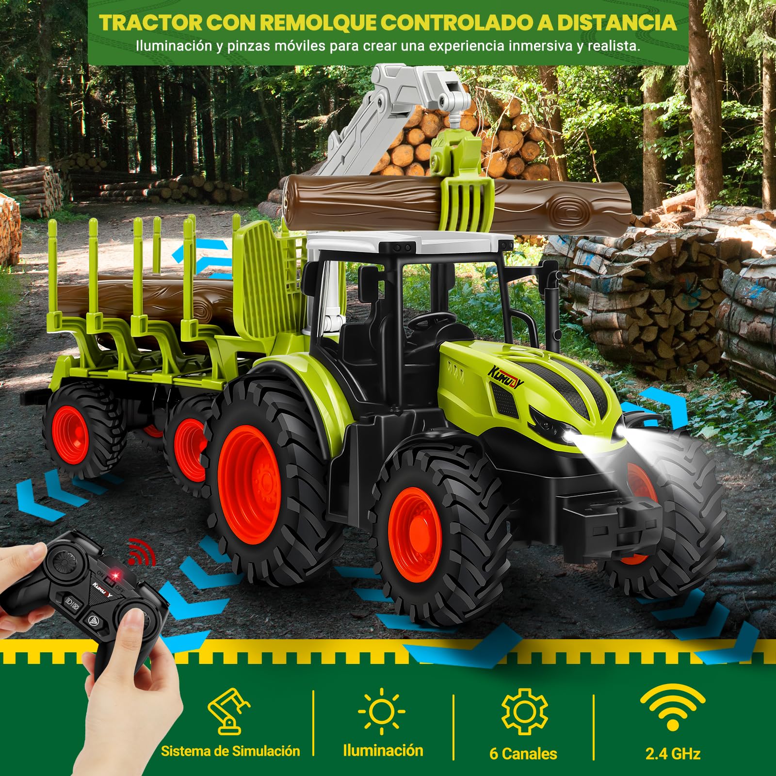 BuzzoXerex Tractor Teledirigido para Niños, 2,4 GHz Tractor RC Juguete con Remolque y Luz, 1:16 Tractores Juguetes para Niños 4, 5, 6 años