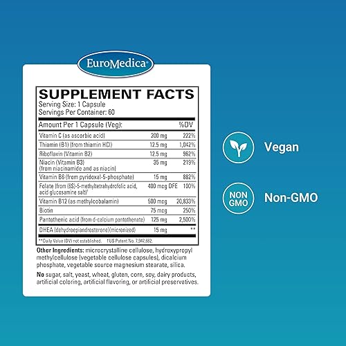Miniatura 2 de EuroMedica Cortisol Stress Support - Suplemento diario de apoyo energético con DHEA - Cápsulas de suplemento vegano con vitamina B2 y C - Suplemento
