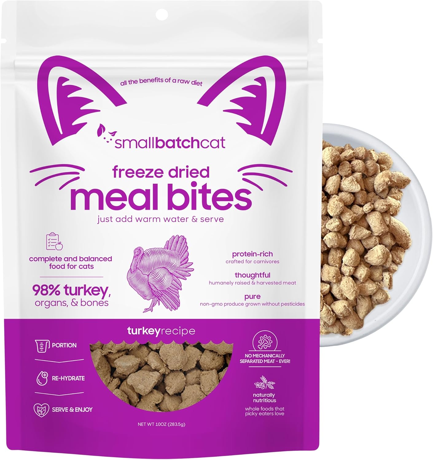 smallbatch Freeze-Dried Raw Cat Food, Shelf Stable Food Bites, Turkey Recipe, High Protein Meal or Topper for Cats, Humanely Raised Meat, Organic, Non-GMO Produce, Made in the USA, 10oz Bag