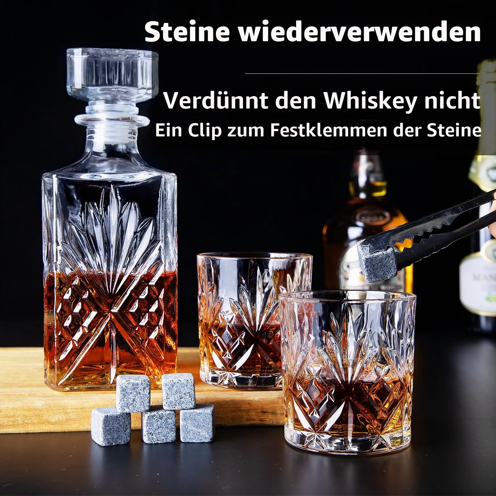 Whiskey Dekanter Set für Männer mit 6 Whiskey Gläsern, 6 kühlenden Whisky Steinen und 1 Clip Bleifreies Whiskey Dekanter Glas Likör Dekanter Set für Whiskey, Rum Geschenk