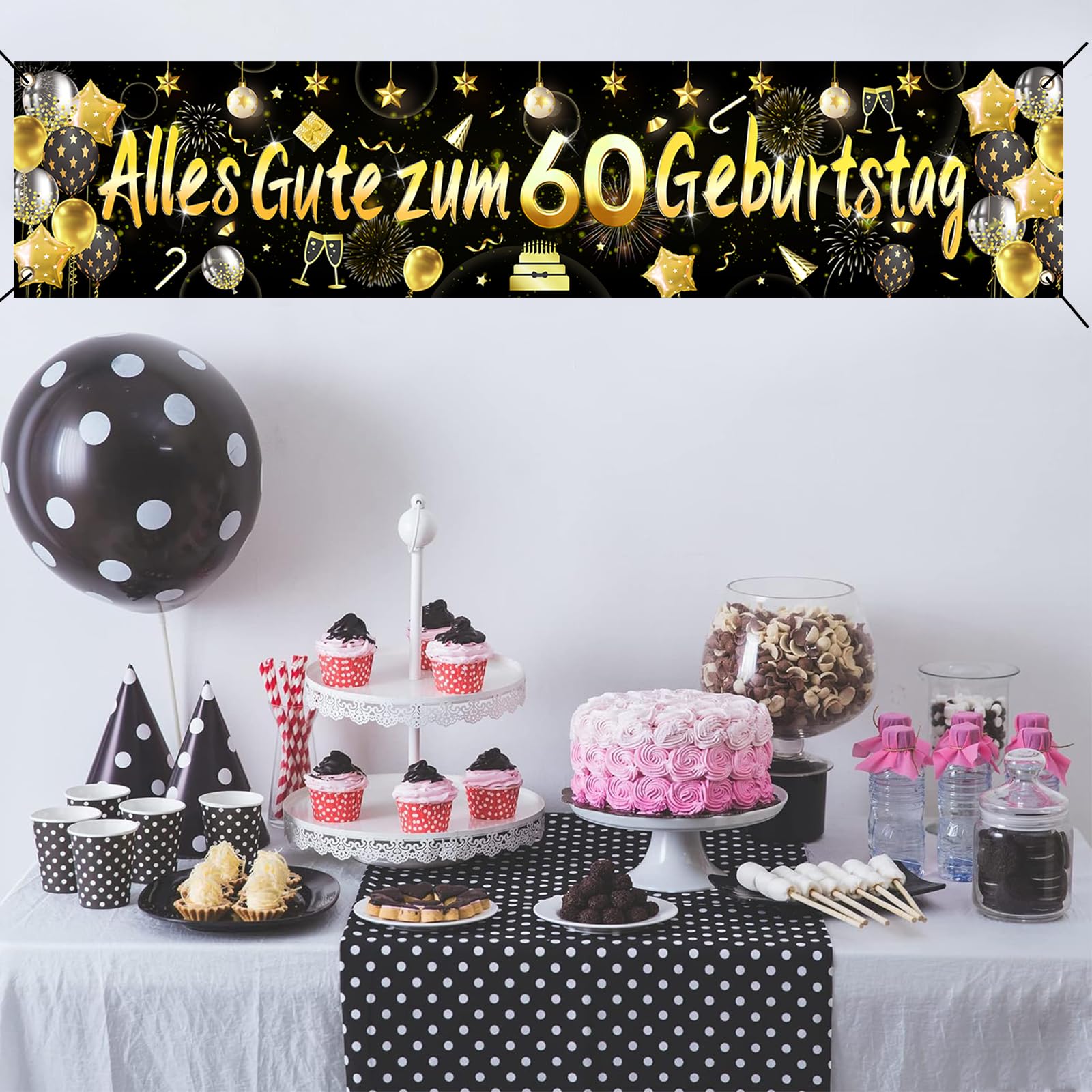 60 Anni Decorazioni Compleanno Striscione di Buon Compleanno Oro Nero Addobbi per Feste per Uomo Donna Decorazione di Tessuto Sfondo Fotografico Feste di Compleanno
