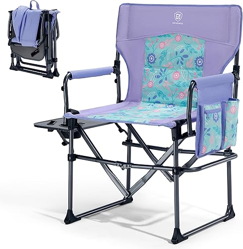 EVER ADVANCED Silla de directores de camping con mesa auxiliar, plegable portátil con tamaño compacto, silla de césped resistente con bolsillo para