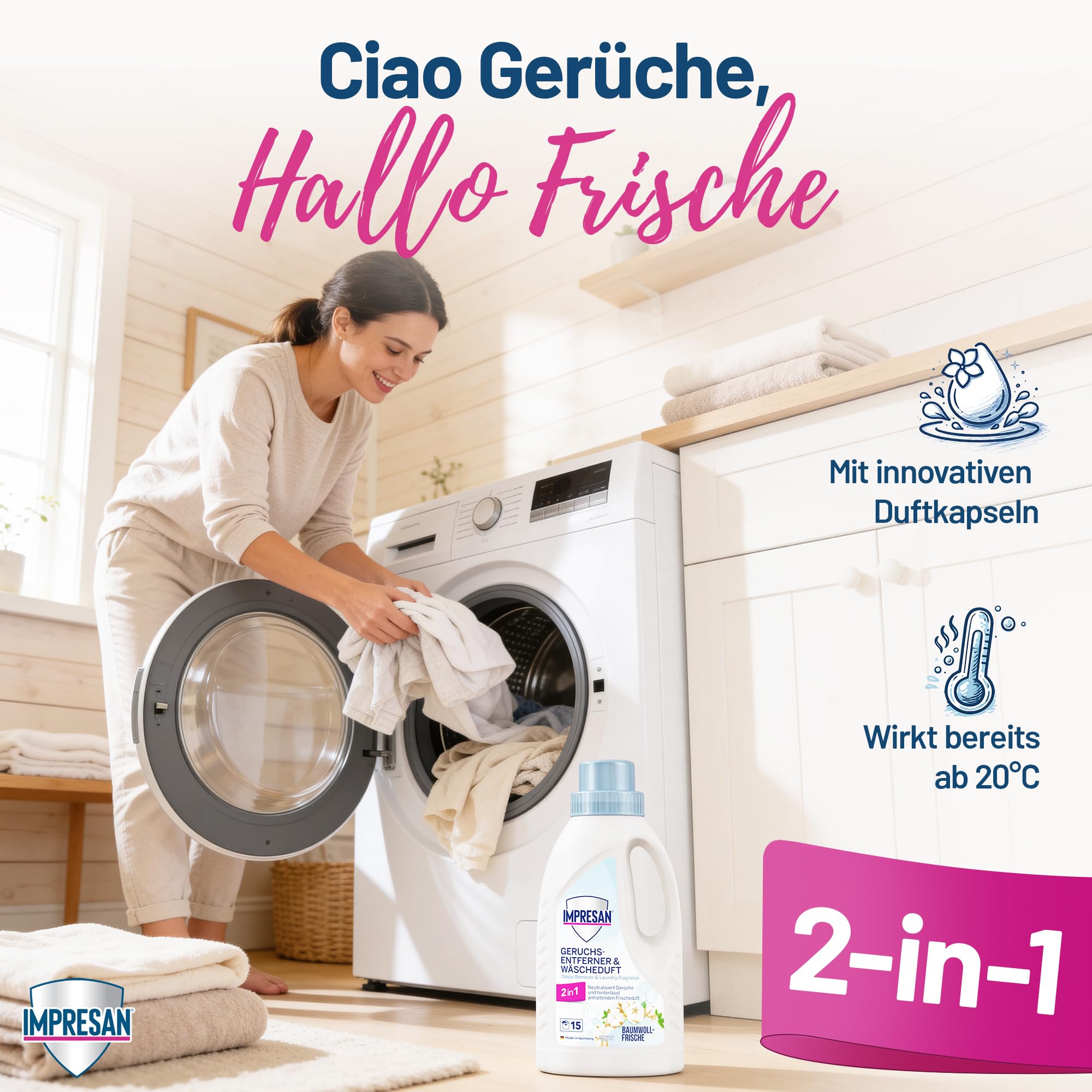 IMPRESAN Geruchsentferner & Wäscheduft 450 ml | 2in1 Waschmittel-Zusatz entfernt hartnäckige Gerüche | Langanhaltender frischer Wäscheduft