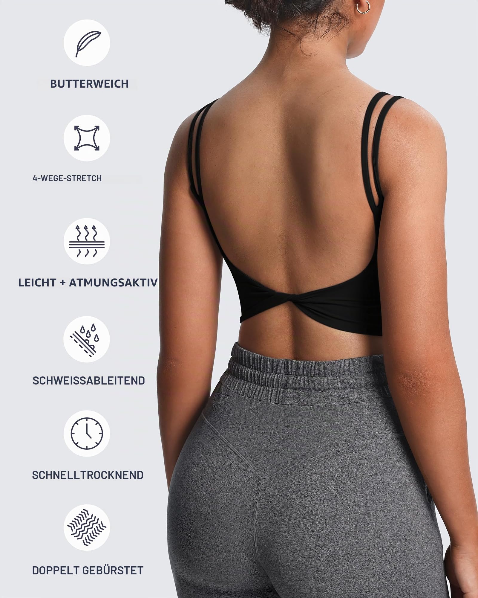 Aoxjox Damen-Sport-Bralette, für Workout, Fitness, Yoga, Crop-Top, BH, hinten gedreht, Bustier