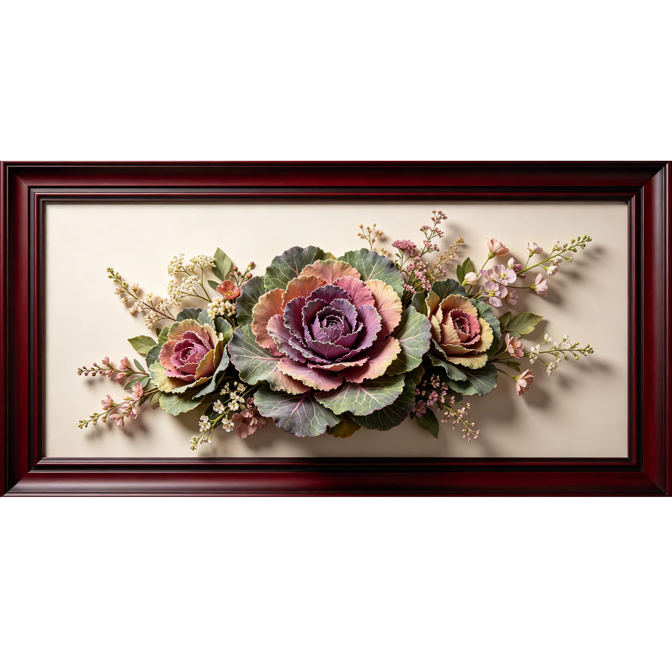 Agglomerix 3D Framed Wall Art Botanical Floral Cabbage Rose Blossoms Leaves Relief Effect Large Size Self-Adhesive Removable Wall Decor Prints Artwork for Living Room Bedroom Office
