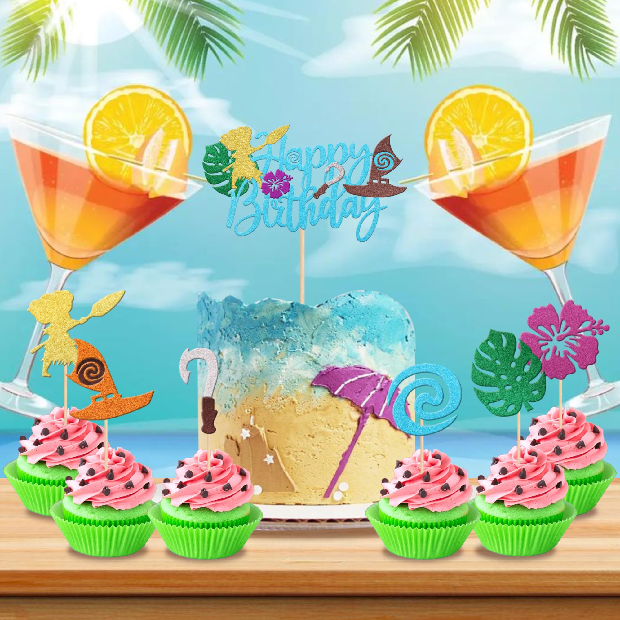 Moana Birthday Cake Topper & Cupcake Toppers Set - Hawaiian Luau Party Decorations, 1 Cake Topper + 24 Picks