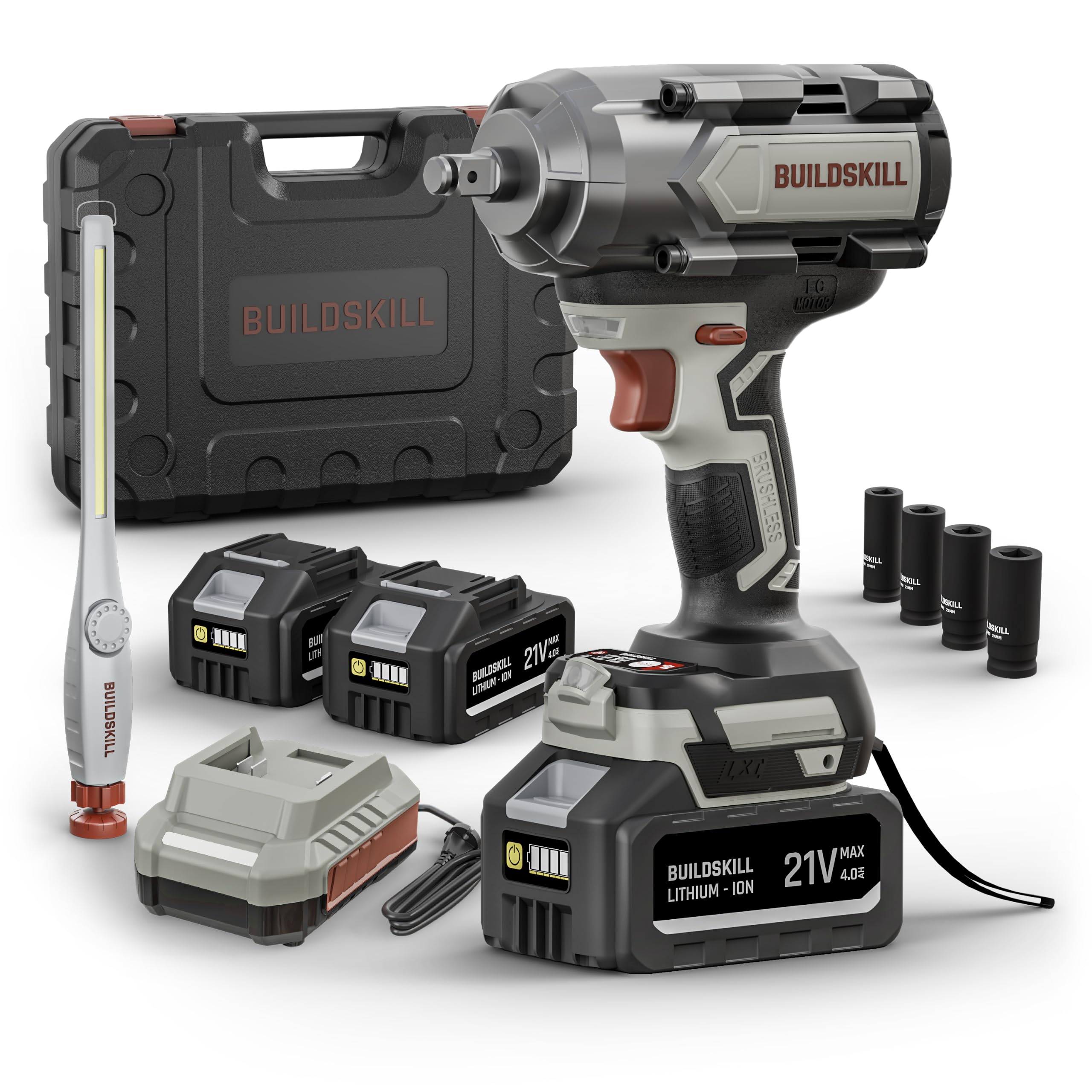 BUILDSKILL 21V - 1/2" 650NM BLDC Cordless Impact Wrench | 2 x 4.0Ah Battery | 4 Pcs Socket | LED Light | 2200-1750-1400 RPM | 2800-2550-2100 Impact Rate | 2.0A Fast Charger | Reverse Self Stop Mode