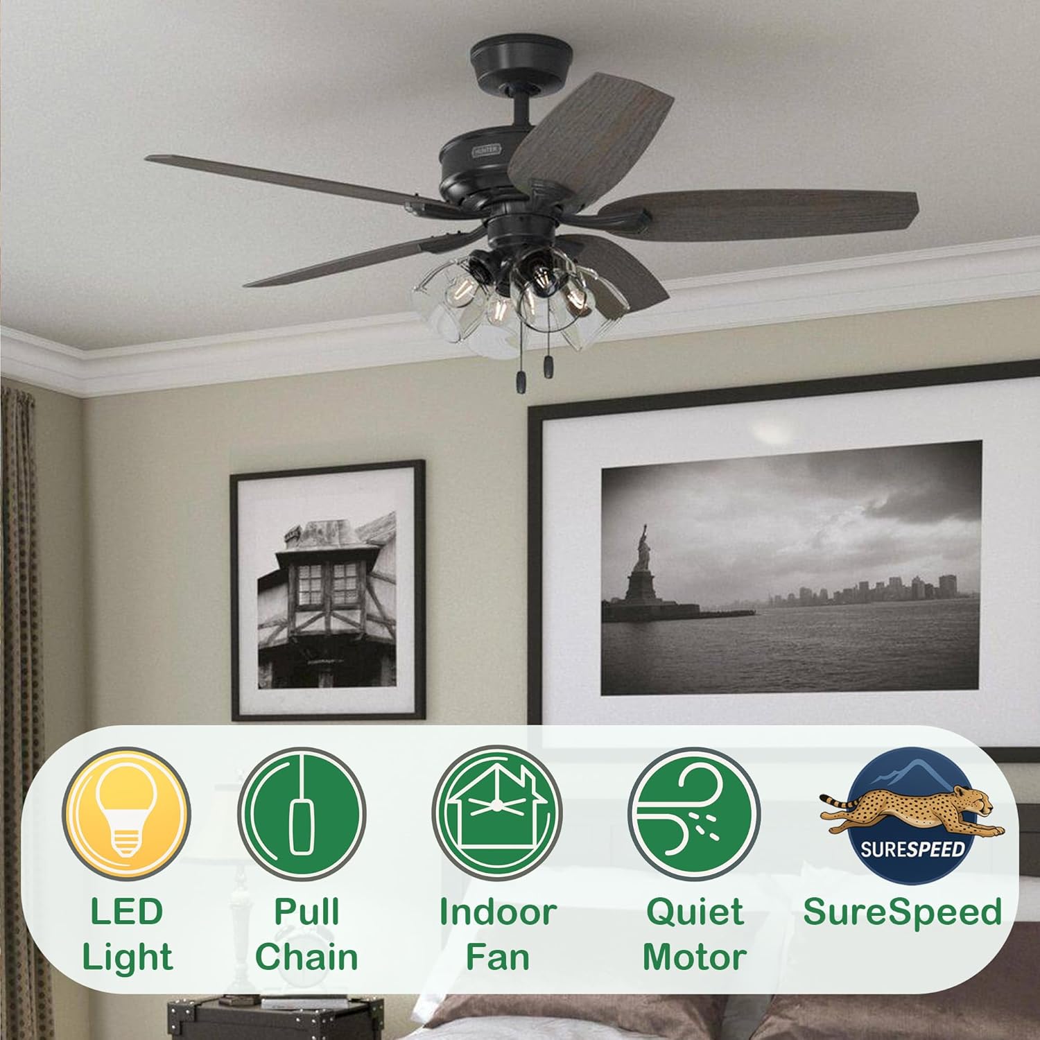 Hunter Fan 52 inch Traditional Matte Black Indoor Ceiling Fan with LED Light Kit and Pull Chain (Renewed)