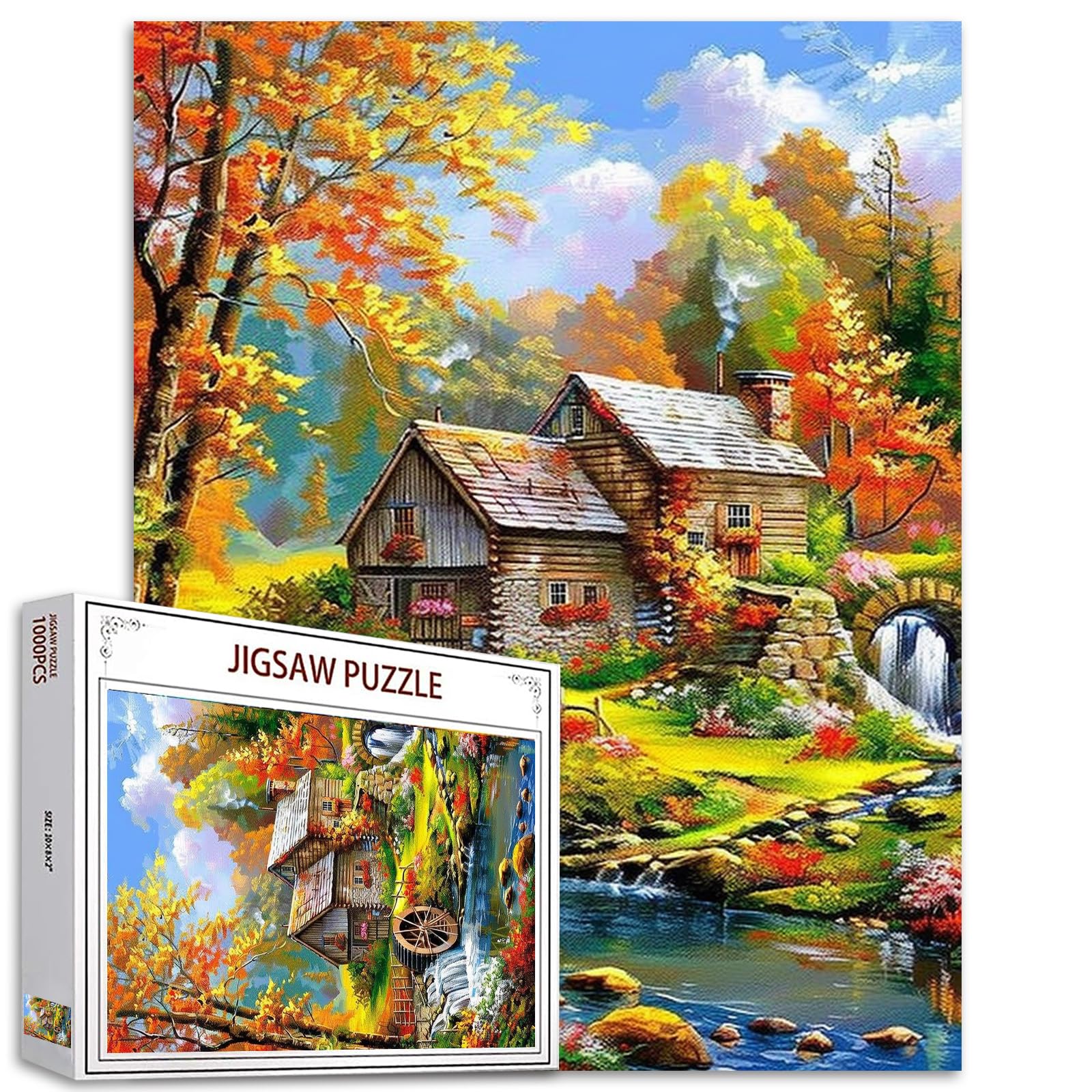 Tucocoo Waterfall Landscape Jigsaw Puzzles for Adults, 1000 Pieces, Forest Puzzle, Rustic House, Abstract Art, Puzzle, 70 x 50 cm, Colourful DIY Jigsaw Puzzles for Home Decoration, Family Puzzle