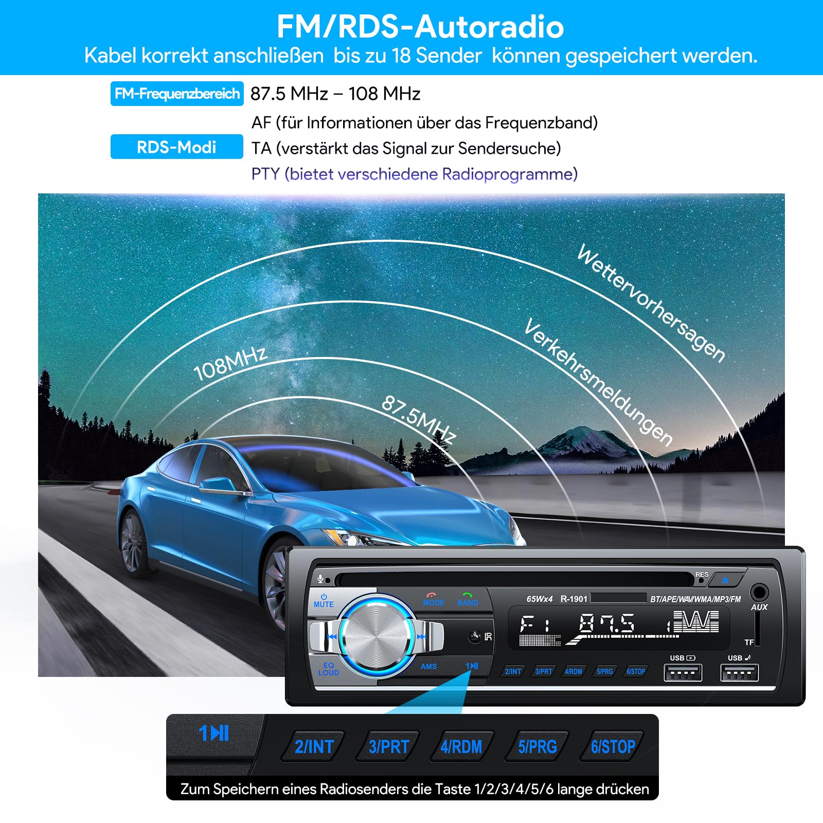 RDS Autoradio Bluetooth 5.0, CENXINY Auto Radio Bluetooth Freisprecheinrichtung, 4x65W 1 Din Autoradio mit Uhr/Fernbedienung MP3 Player unterstützt 2 USB/AUX-Eingänge/TF/SD/FM/iOS Android(Keine CD)