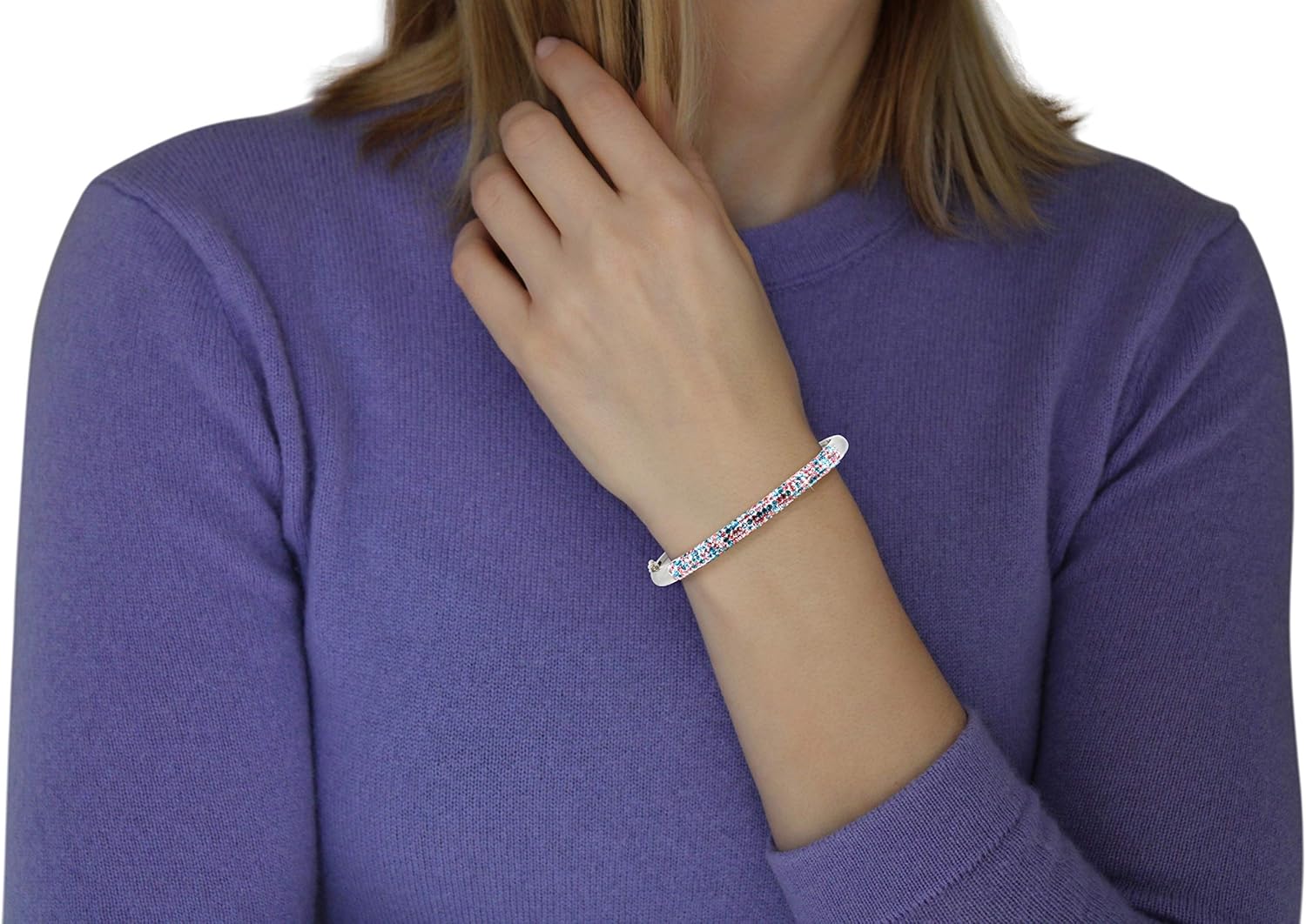 Savlano 18K White Gold Plated Round Cut Multicolor Cubic Zirconia Bangle Bracelet For Women - Image 4