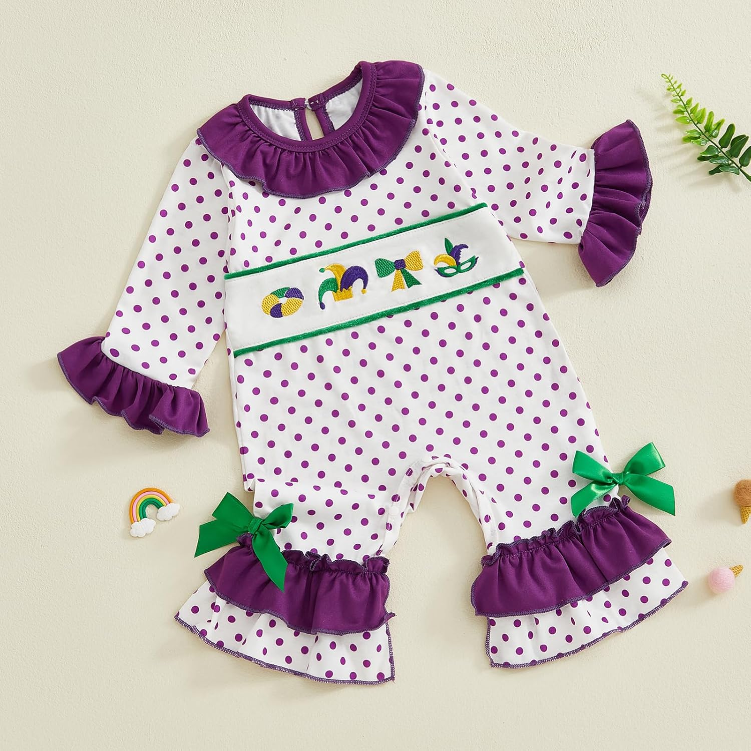 Mardi Gras Baby Outfit Girls Bell Long Sleeve Romper Embroidery Smocked Outfit Spring Clothes Newborn Outfits - Image 3