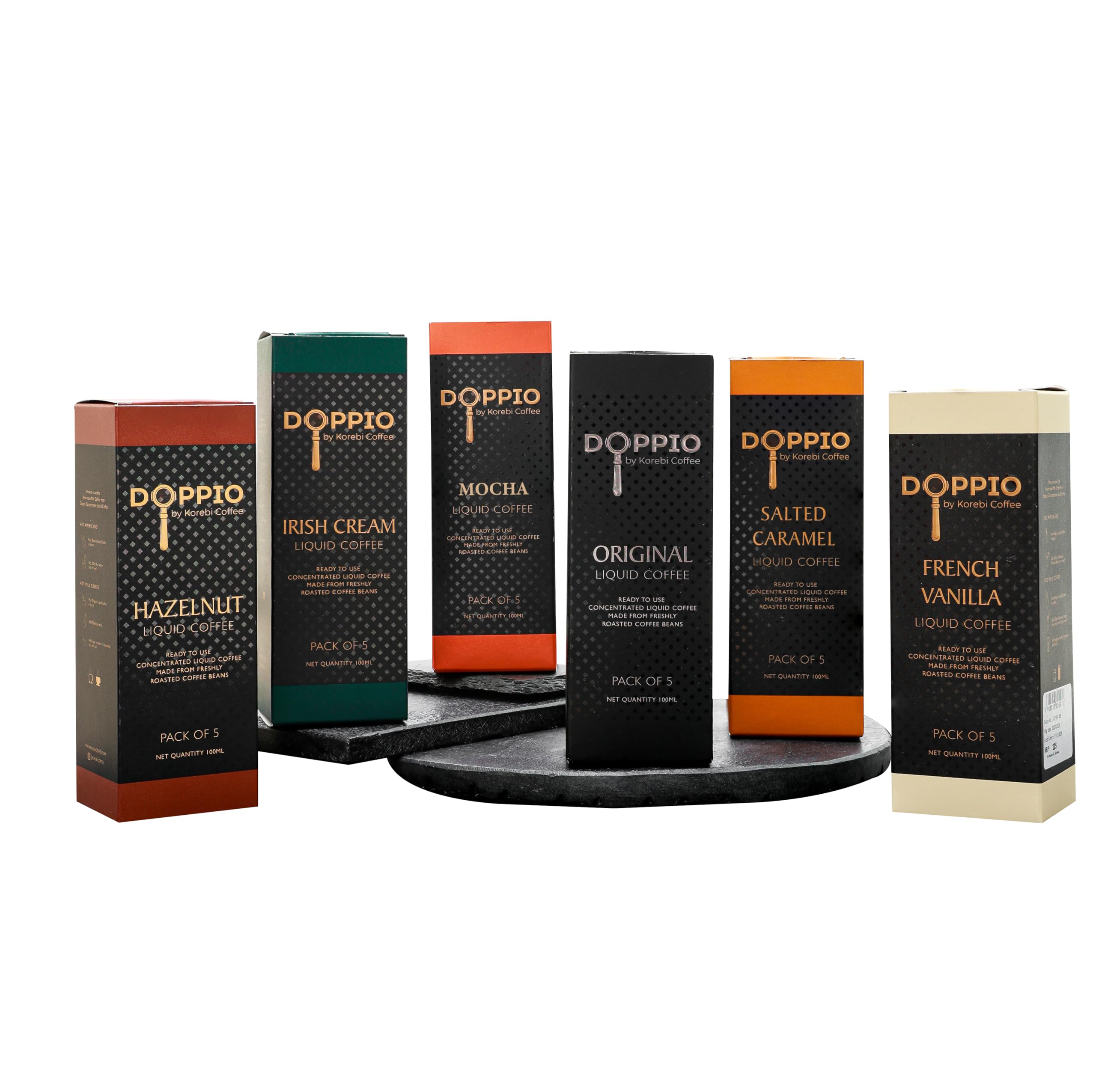 Korebi Doppio Assorted All 6 Flavors - Artisan Instant Liquid Coffee Concentrate (Hazelnut, Salted Caramel, French Vanilla, Irish Cream, Original, Mocha)| 100% Arabica | Ready to Use | Make in 30 Secs | Hot or Cold | With or Without Milk | 6 Boxes [600ml] (30 Sachets, 20 ml / Sachets)
