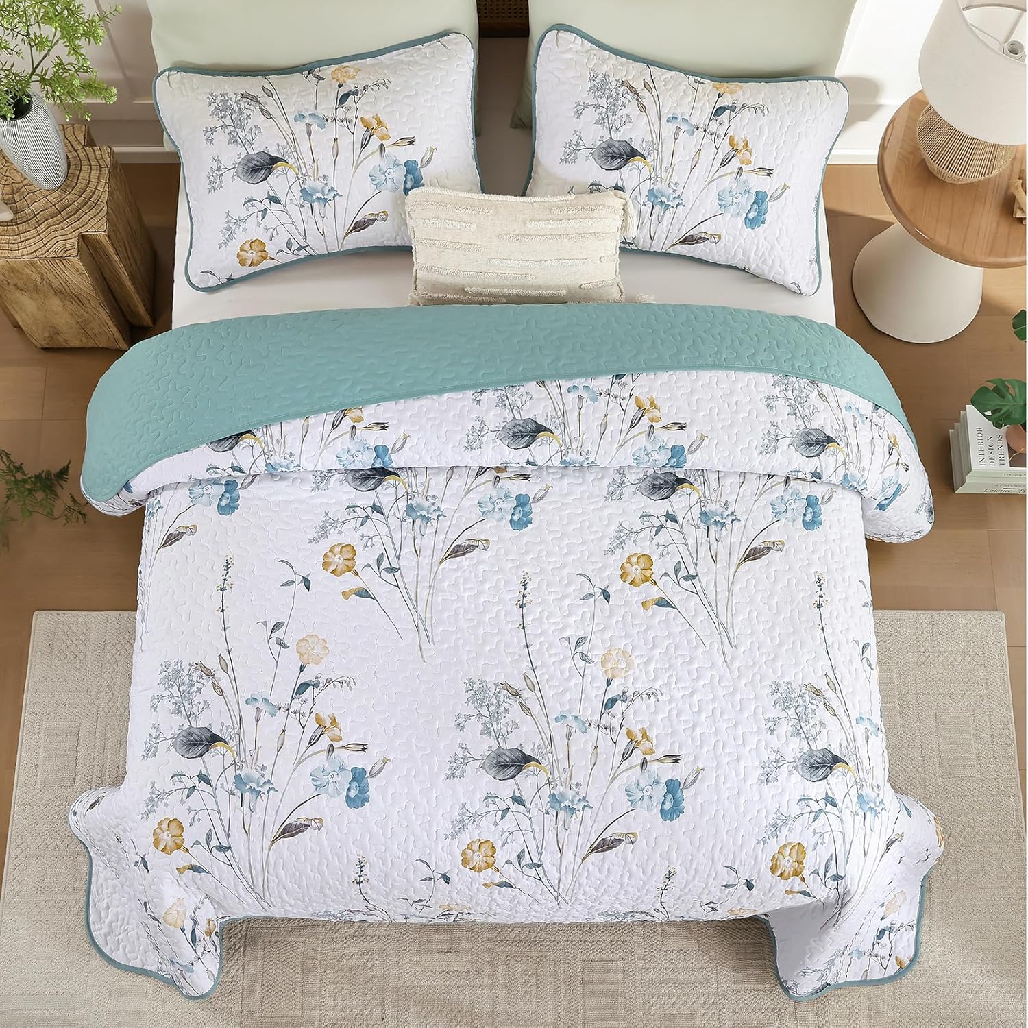 WONGS BEDDING Teal Floral Quilt Set King Size, 3 Pieces Botanical Plants Pattern Bedspread Coverlet Set with 2 Pillowcases, Soft Lightweight Microfiber Bedding Set for All Season(104"×90") - Image 4