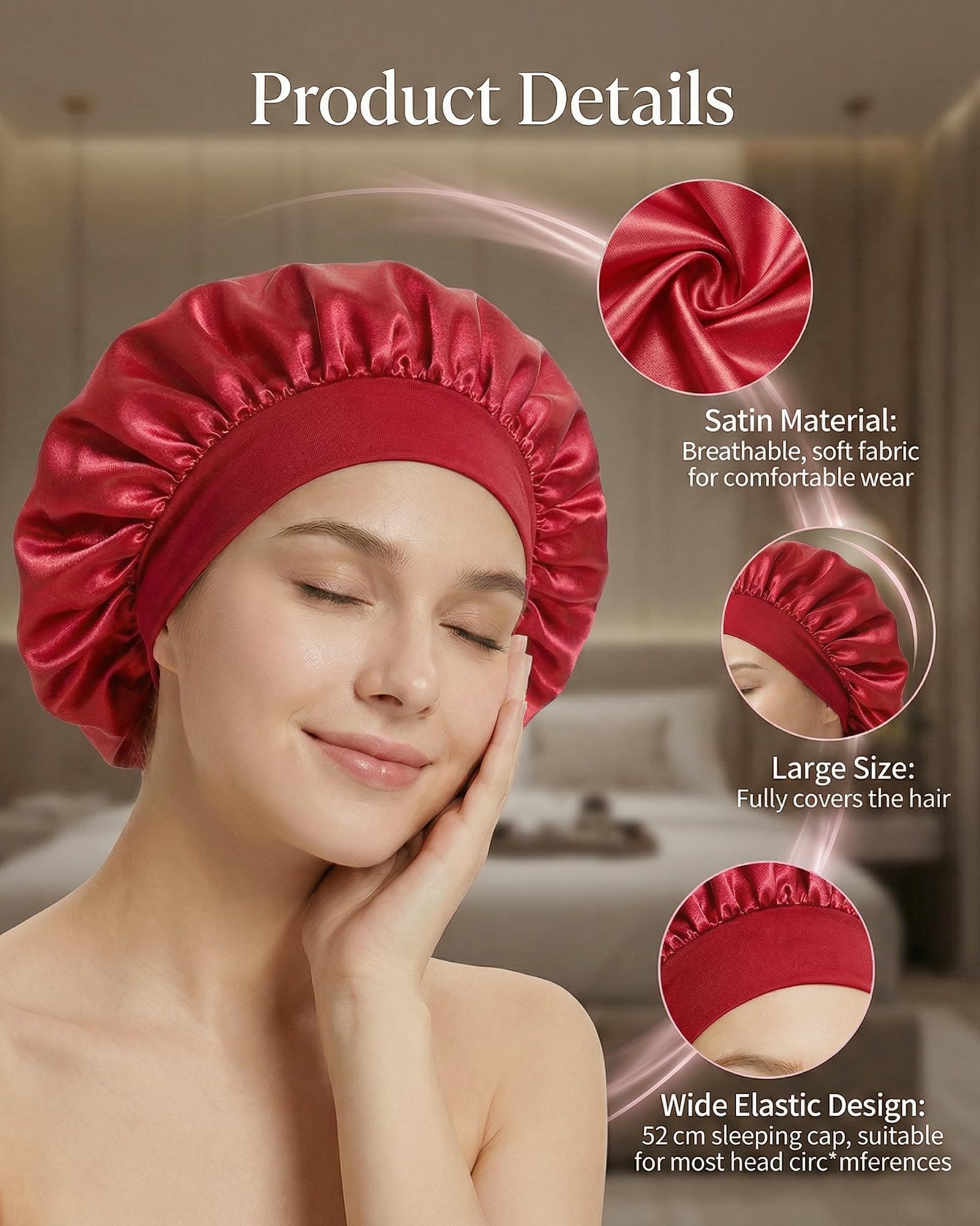 lulir Gorro de Seda para Dormir 2 Piezas - Gorro Saten Pelo Rizado con 2 Coleteros, Silk Bonnet Ajustable con Banda Elástica, Suave Antifrizz Cuidado del Cabello, para Mujer y Niña — view 4