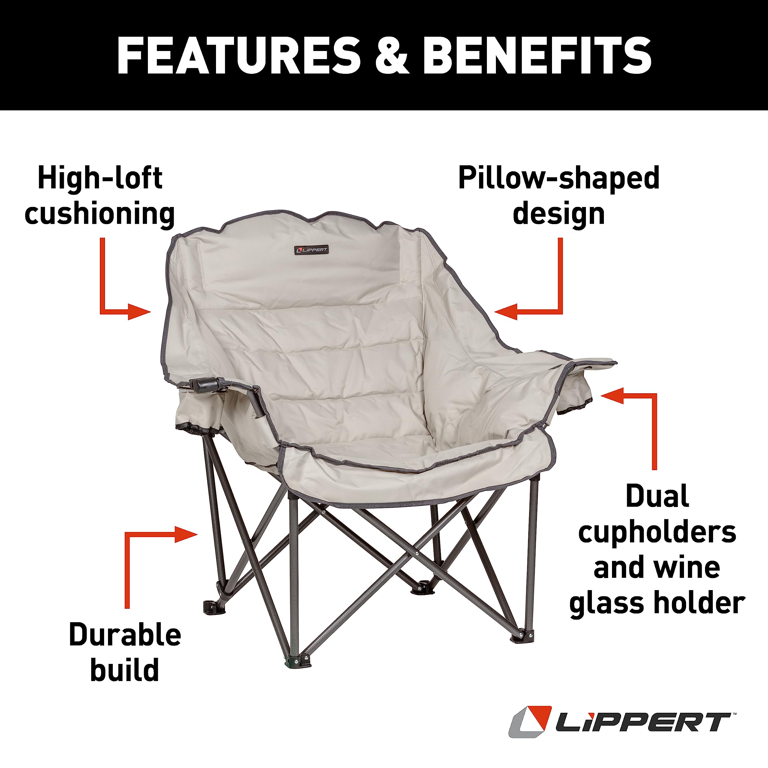 Lippert Big Bear Club Camping Chair - Sand, Comfortable Foldable Chair, Oversized Pillow Cushions, Dual Cupholders, Powder Coated Steel, 600D Polyester Fabric, 400 lb. Capacity, 2022114813