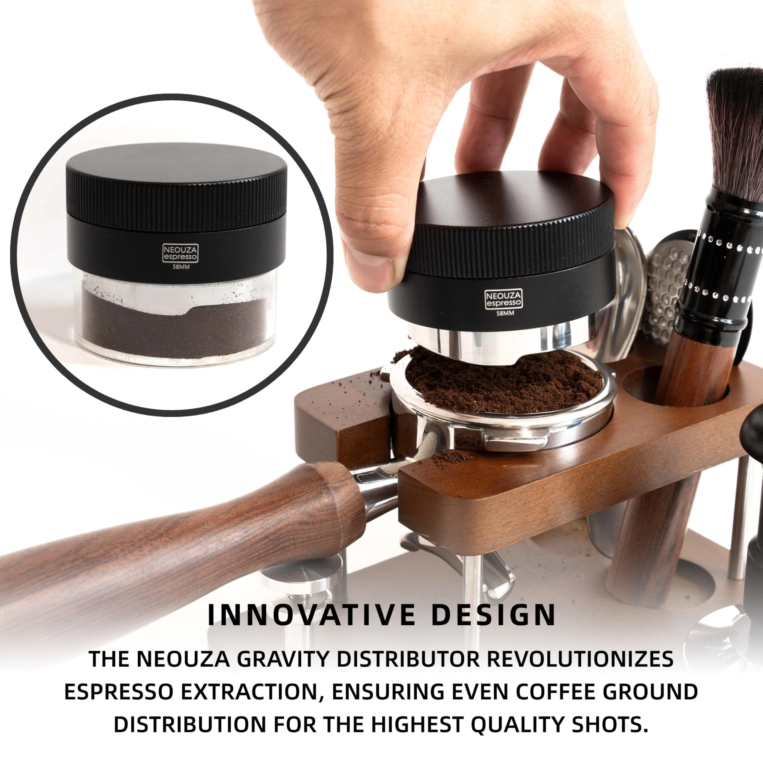 NEOUZA Grawitacyjny Adaptacyjny Dystrybutor do Kawy dla Portafiltra do Espresso, Narzędzie do Dystrybucji Grawitacyjnej, Automatyczny Dystrybutor Poziomujący, Poziomnica z Podstawą w Kształcie 4
